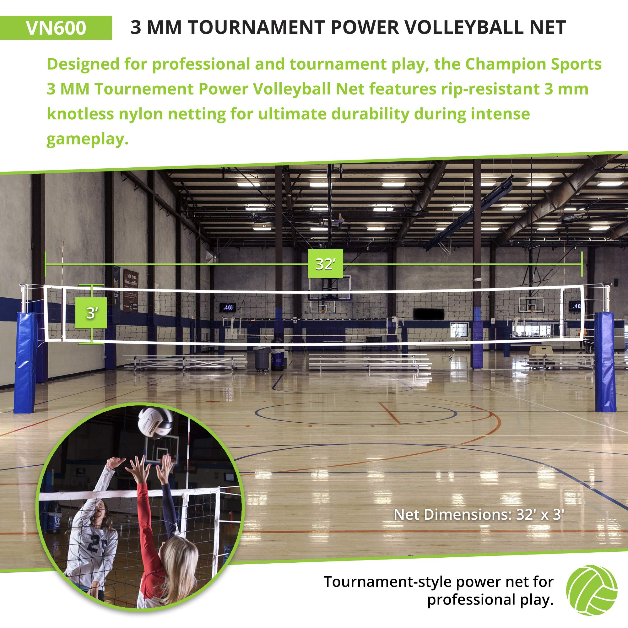 Champion Sports Official Volleyball Net Set for Indoor & Outdoor Games - Regulation Size Volleyball Net with Poles & Accessories - Perfect for Beach, Backyard, Gym & School Volleyball Practice