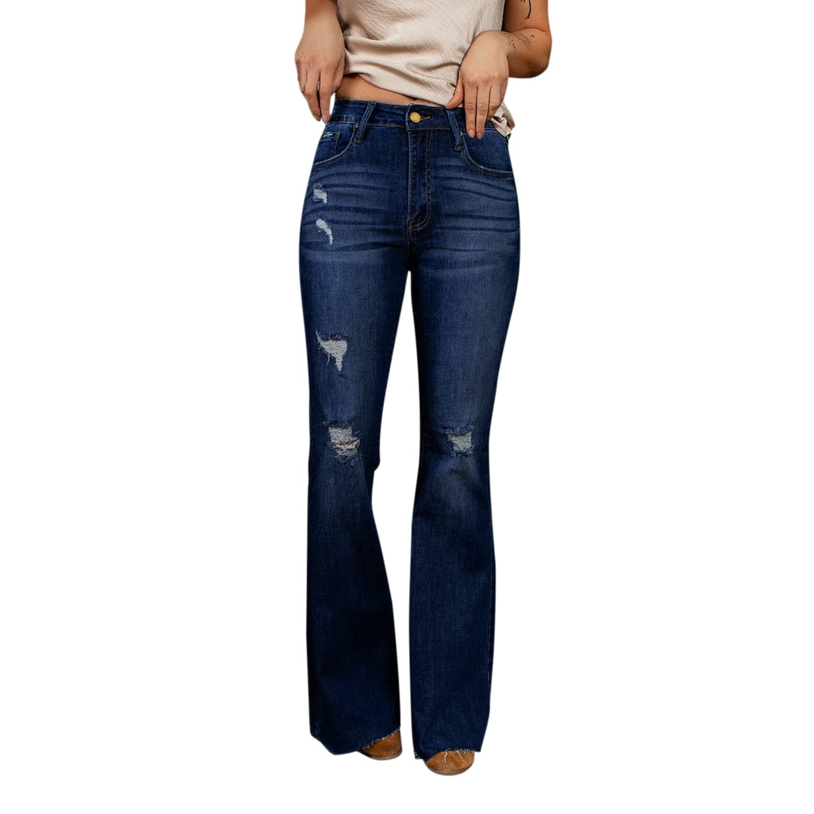 Vintage Bell Bottom Jeans for Women - Stretchy Ripped Flare Denim Pants with Mid Rise Comfort | Retro 70s Style Skinny Jeans | Perfect for Casual Outfits, Music Festivals & Vintage Fashion Looks