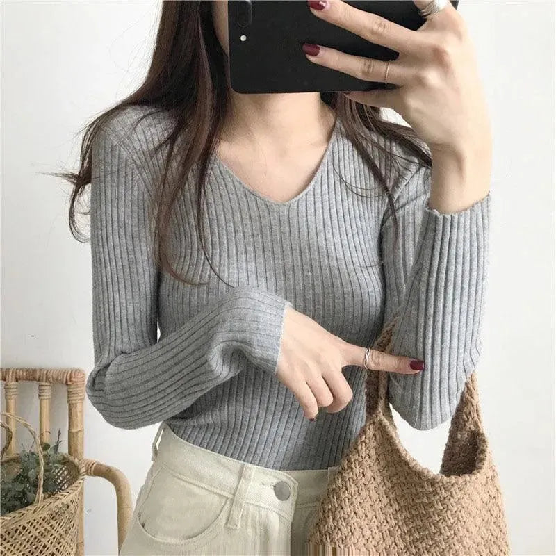 Stylish V Neck Slim Knitted Sweater for Women - Soft Comfortable Pullover for Fall & Winter - Perfect for Office, Dating and Casual Outfits