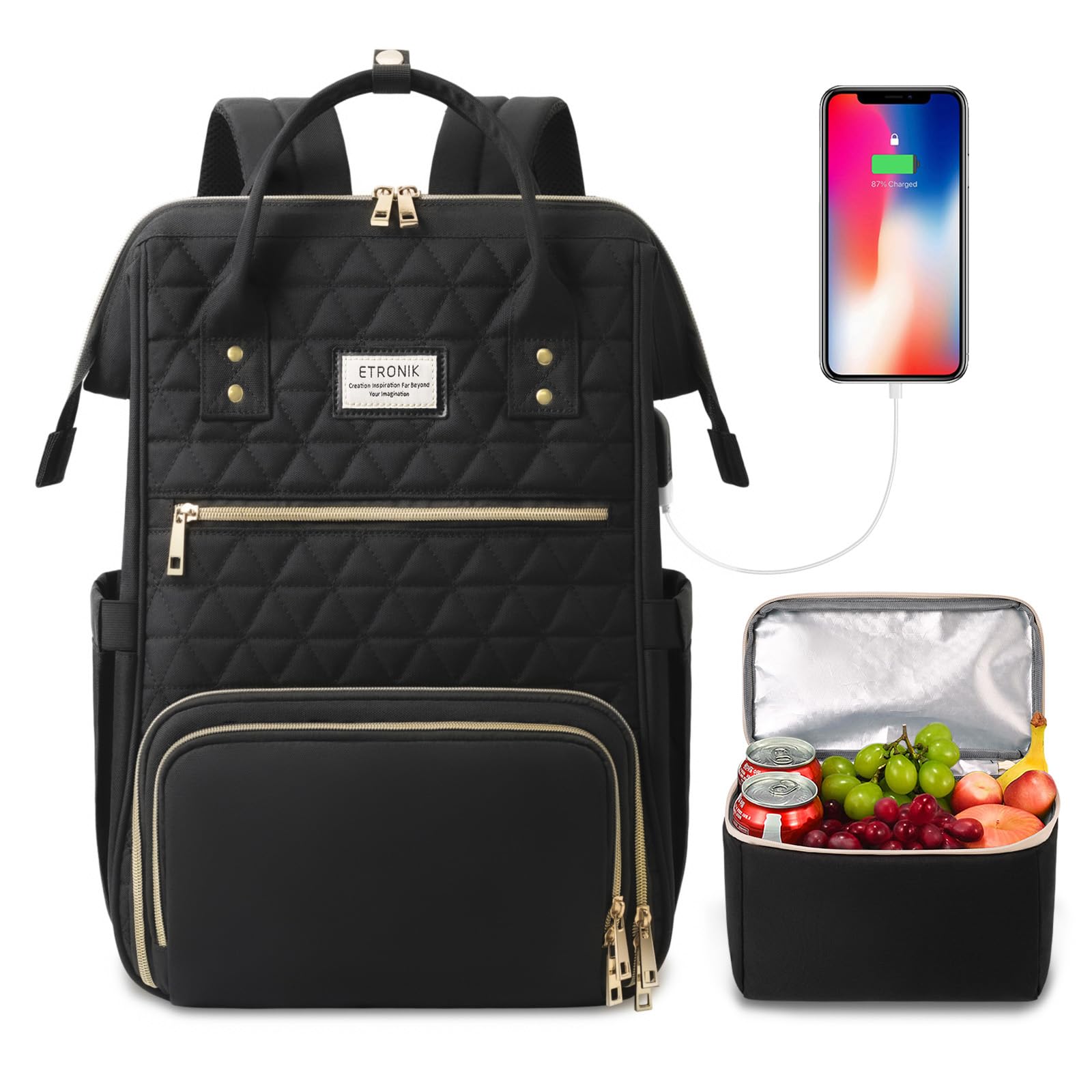 ETRONIK Insulated Lunch Backpack for Women & Men - 15.6 Inch Laptop Backpack with USB Charging Port, Cooler Compartment - Perfect for Work, School, Nursing, Teaching & Travel - Black