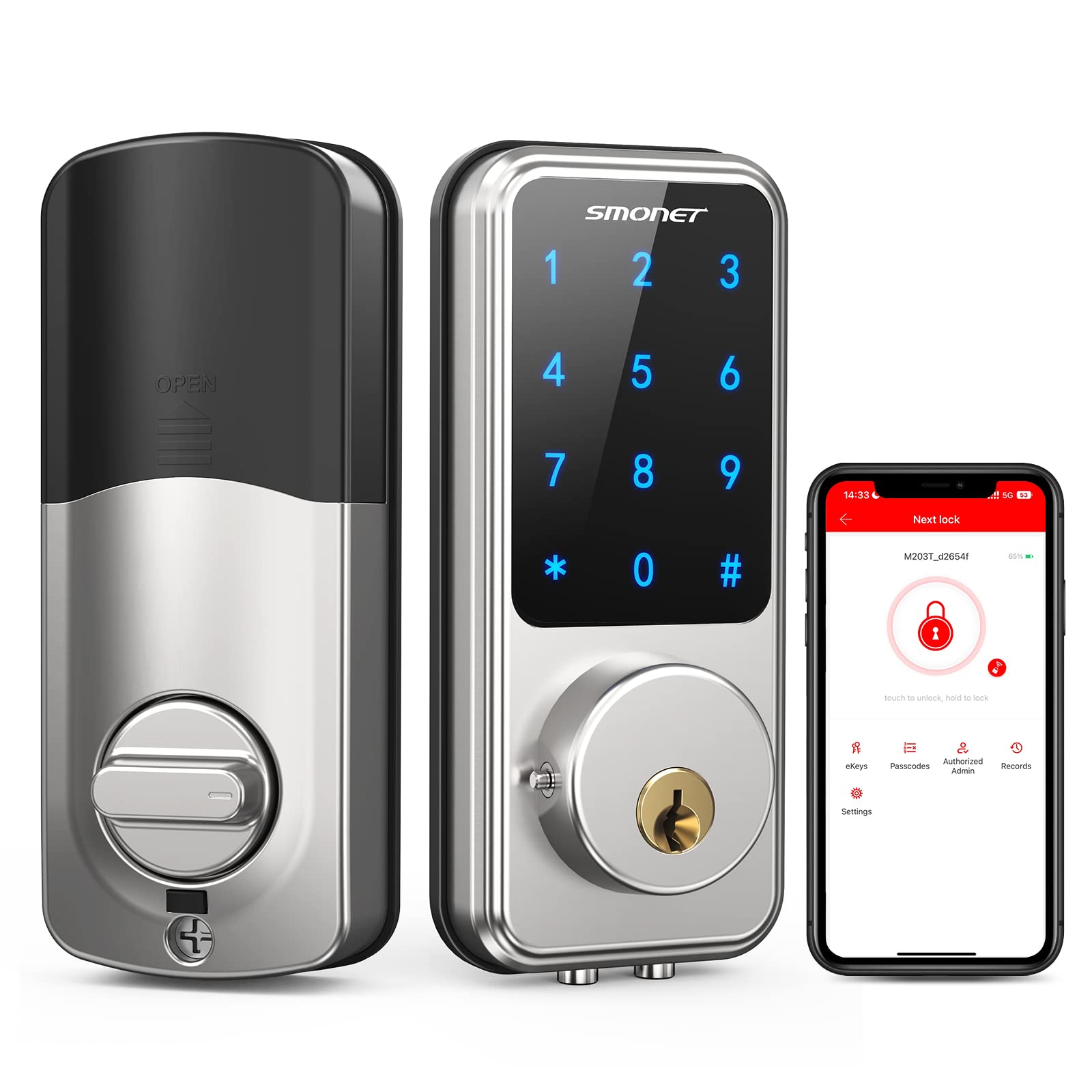 SMONET Smart Front Door Lock Set - Keyless Entry Digital Deadbolt with Handle, Bluetooth Electronic Keypad for Home Security - Perfect for Apartments, Vacation Rentals & Smart Homes