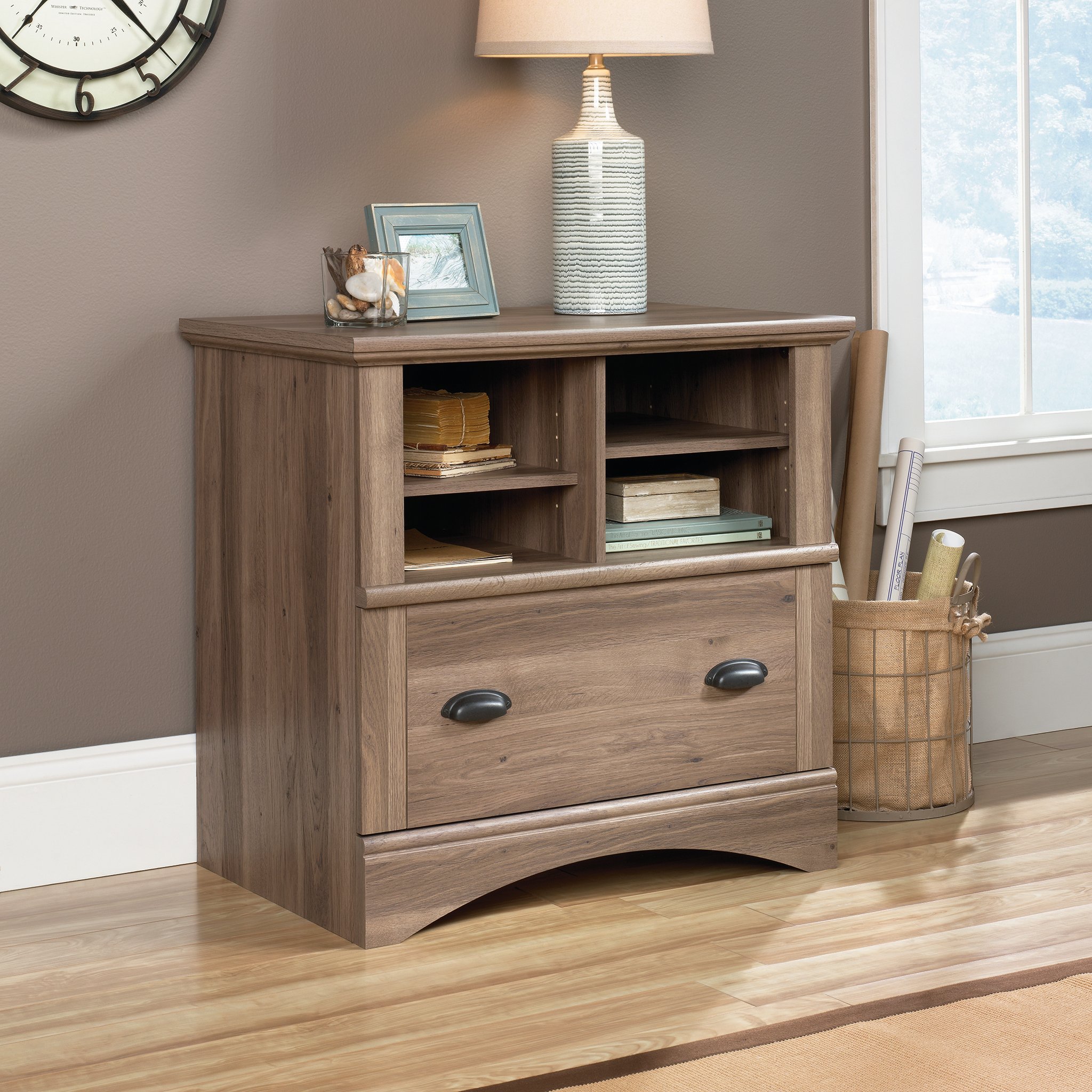 Sauder Harbor View 2-Drawer Lateral File Cabinet with Shelving - Salt Oak Finish for Home Office Organization & Document Storage