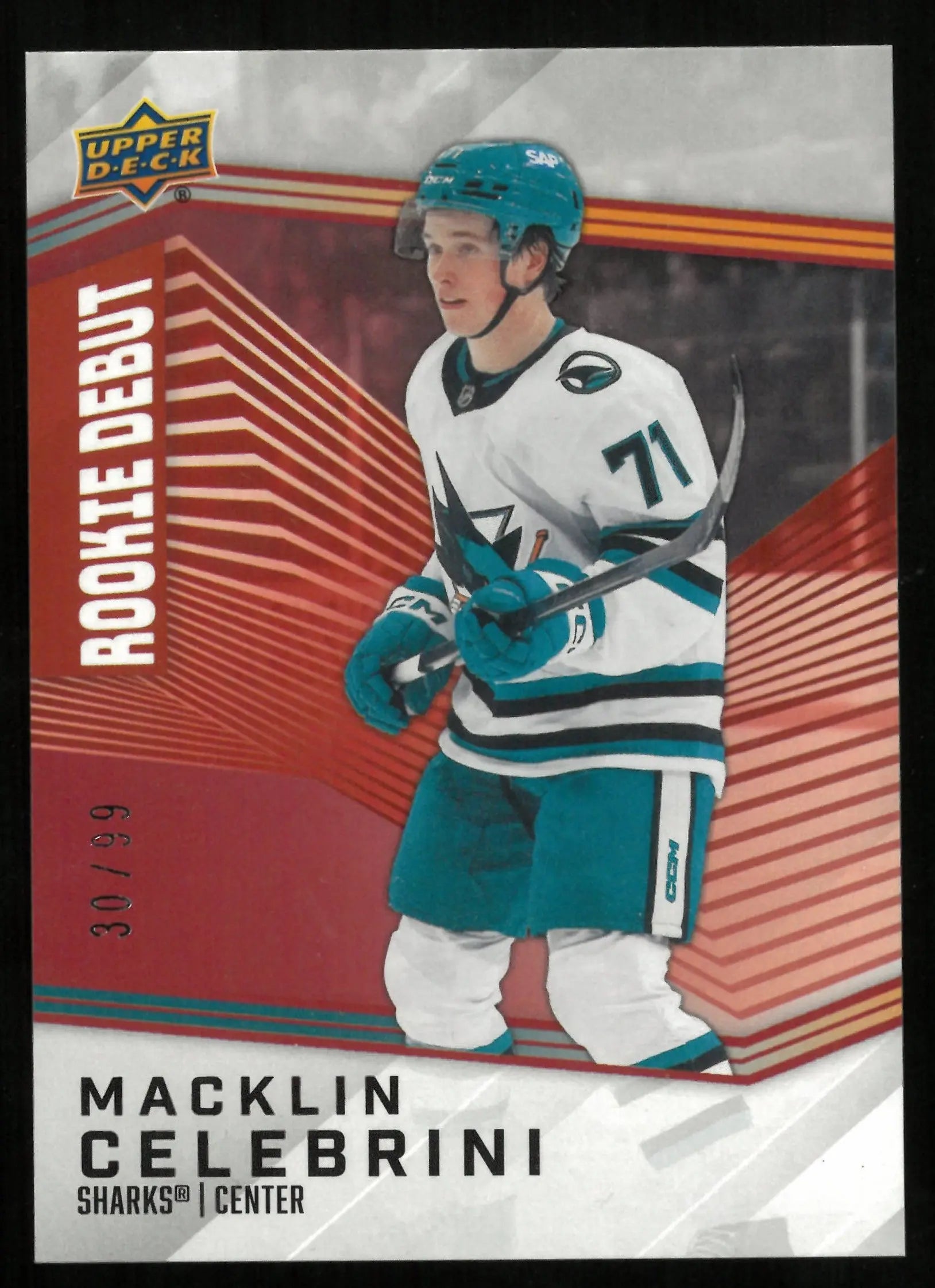 2024 Upper Deck Macklin Celebrini Rookie Debut RC /99 SP Hockey Card - Collectible Sports Memorabilia for NHL Fans & Card Collectors - Perfect for Trading, Displaying, or Investing in Rare Hockey Cards