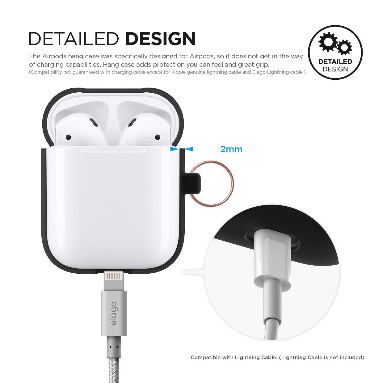 elago Premium Silicone Case with Keychain for Apple AirPods 1 & 2 - Wireless Charging Compatible, Front LED Visible, Protective Cover [Black] - Perfect for Gym, Travel & Everyday Use
