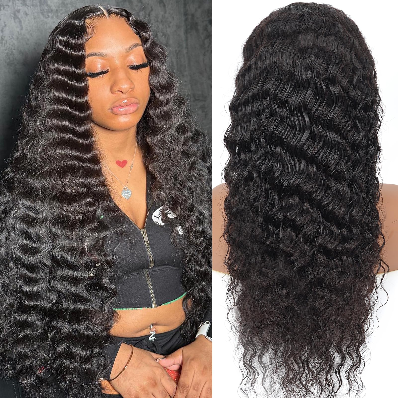 34 Inch XVE Deep Wave Human Hair Wig - 13x4 HD Transparent Lace Frontal, 180% Density, Brazilian Remy Hair, Pre-Plucked Hairline, Glueless Design, Wet & Wavy Curly Wig for Women (Natural Black) - Perfect for Daily Wear, Parties, Cosplay & Special Occasions