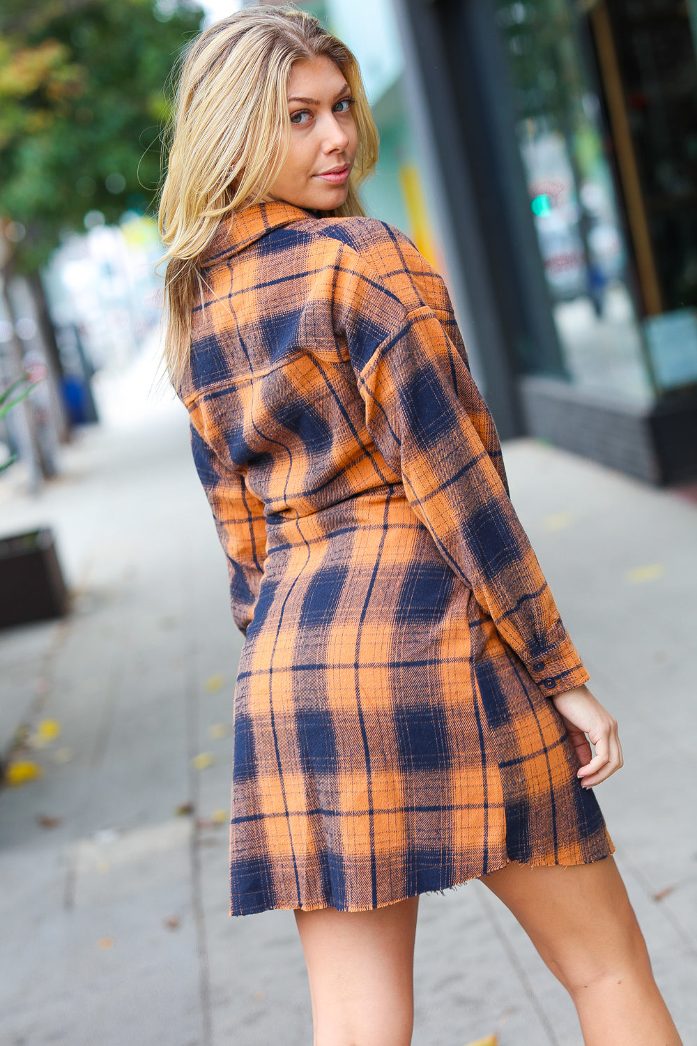 Diva Dreams Navy & Rust Plaid Flannel Button Down Waist Tie Dress for Women | Casual Fall Winter Outfit | Perfect for Office, Date Night & Holiday Parties