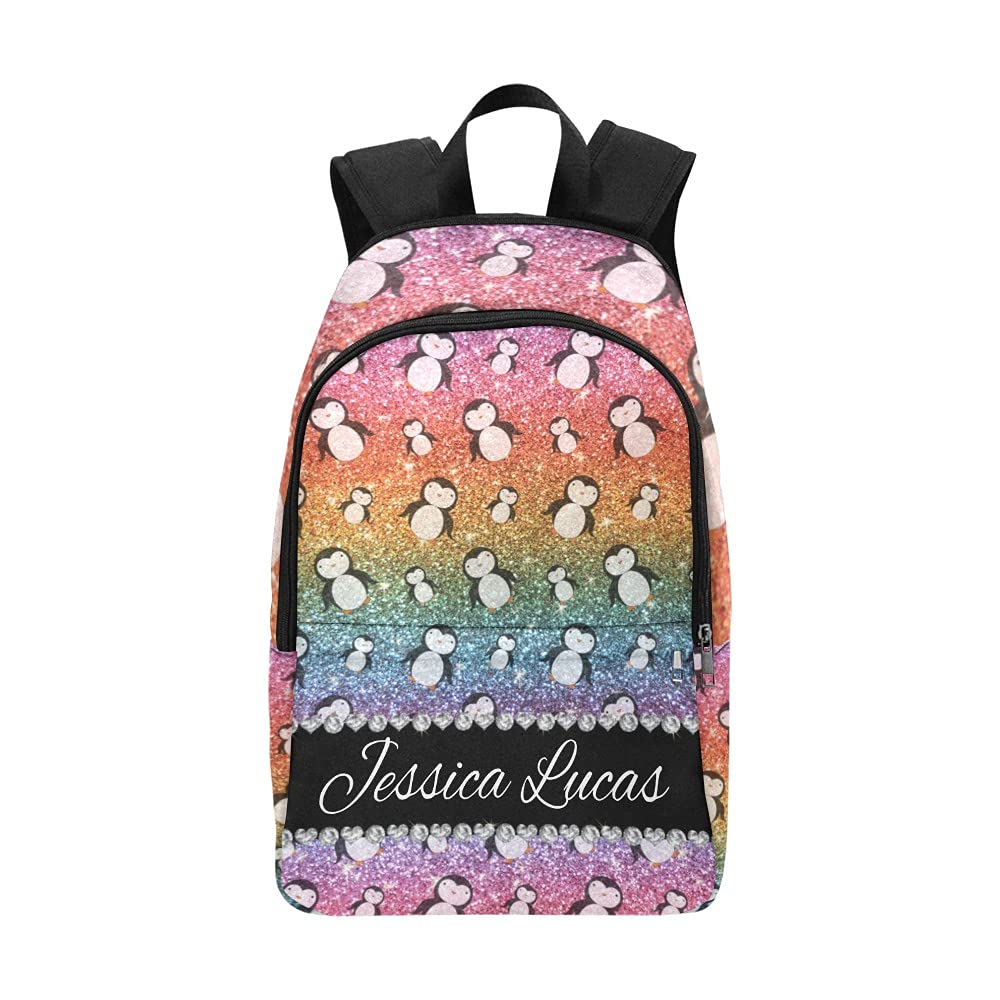 Eiis Bright Rainbow Glitter Penguins Personalized Backpack - 17 Inch Casual School Laptop Bag for College Students & Travel | Cute Daypack for Boys & Girls | Perfect for School, Work & Weekend Adventures