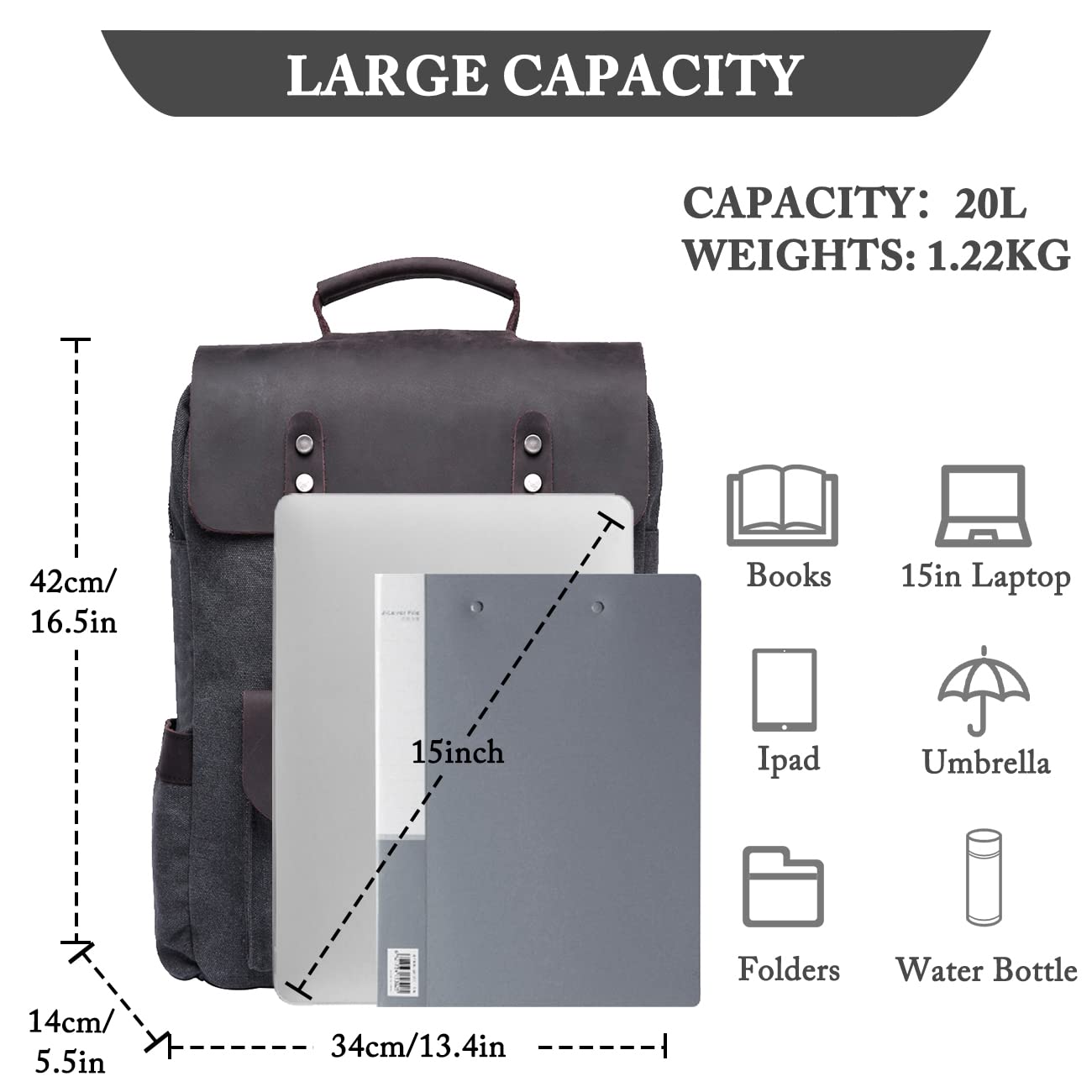 VASCHY Genuine Leather Laptop Backpack for Men & Women - Stylish Canvas College Rucksack with 15.6 Inch Laptop Compartment - Perfect for Work, School, Travel & Daily Commute