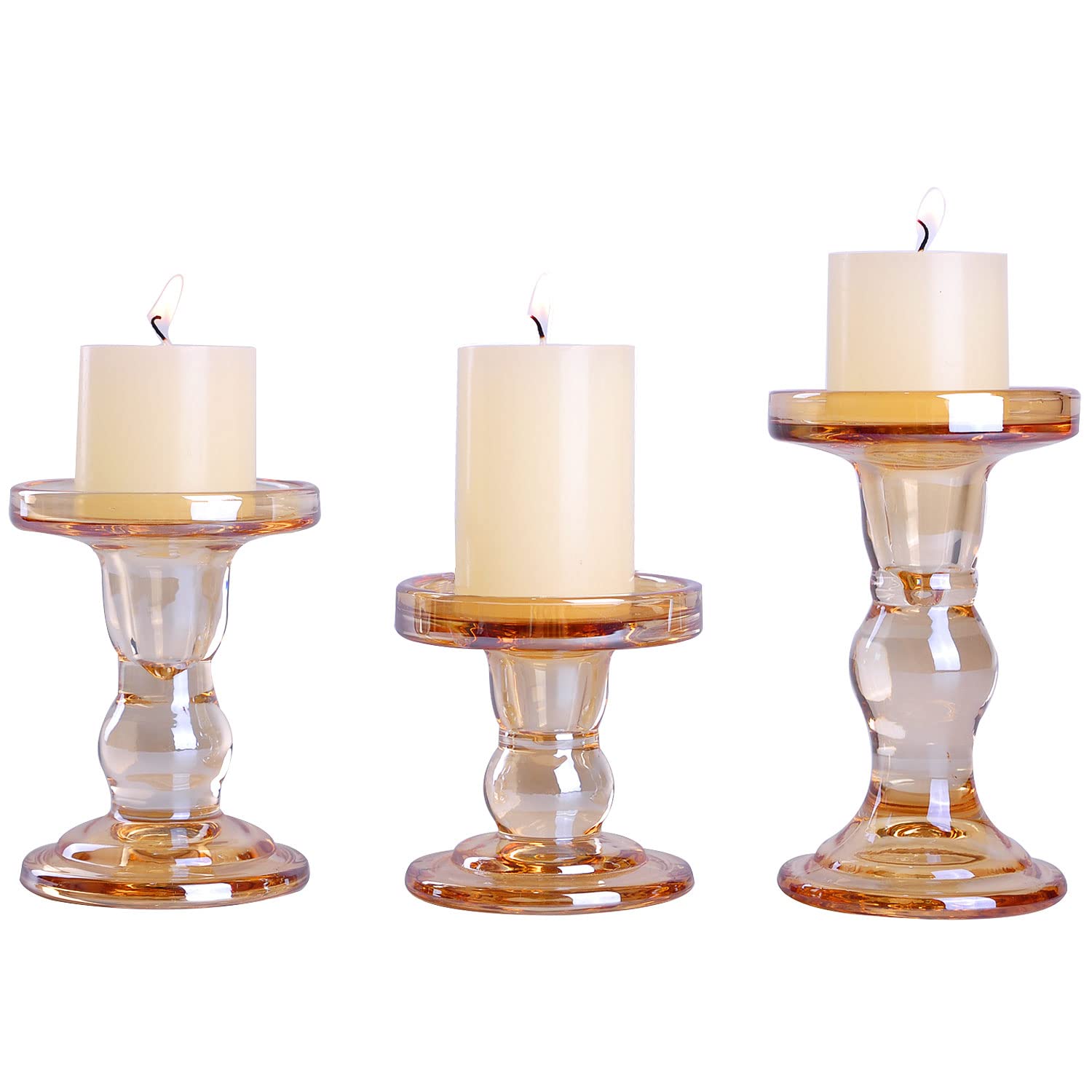 Set of 3 Amber Glass Candle Holders for Pillar & Taper Candles - Elegant Unity Candle Holders for Weddings, Church Decor, Table Centerpieces - Perfect for Romantic Dinners, Home Decor & Special Events