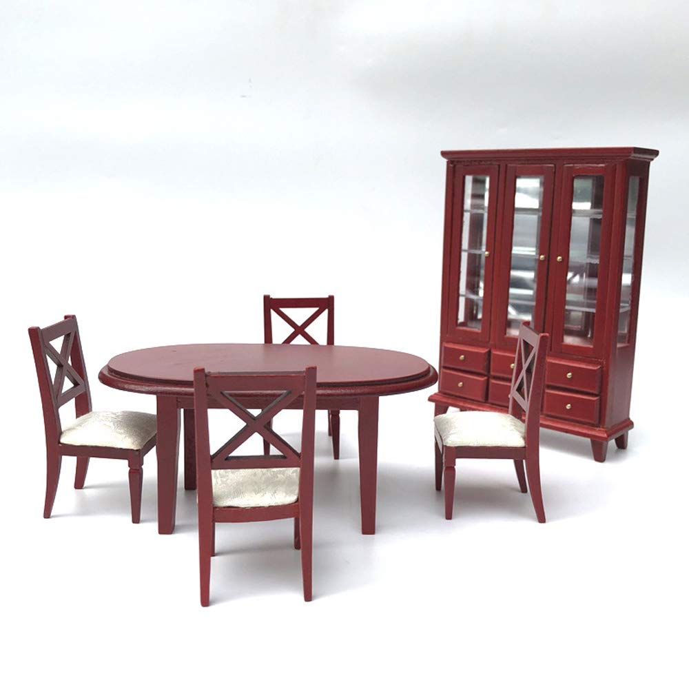 1:12 Scale Miniature Dollhouse Furniture Set - Wooden Table, Chairs & Cabinet for Kitchen Decor | Realistic Pretend Play Toy for Kids | Perfect for Dollhouse Accessories, Room Decoration & Collectibles (Red)