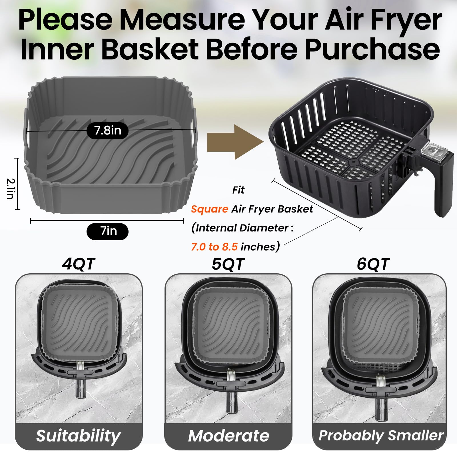 Redfly 2 Pack Reusable Square Silicone Air Fryer Liners for 4-5.5 QT, Non-Stick Air Fryer Accessories Replacement for Parchment Paper (Gray) - Perfect for Healthy Cooking, Crispy Snacks & Easy Cleanup