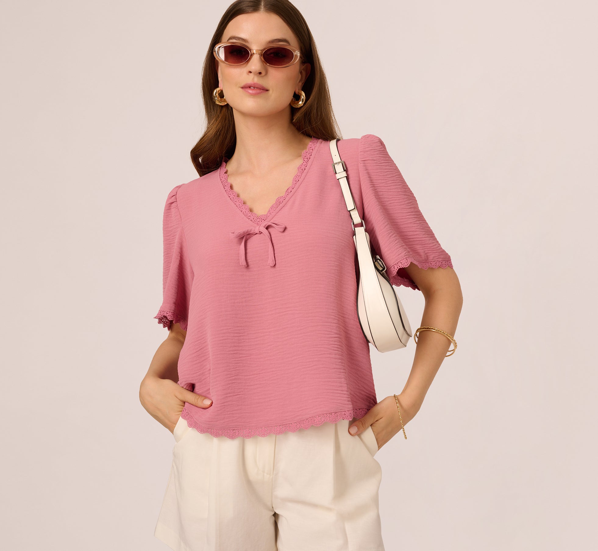 Crochet Trim Short Sleeve Blouse in Mesa Rose - Boho Chic Summer Top for Beach, Vacation & Casual Outings