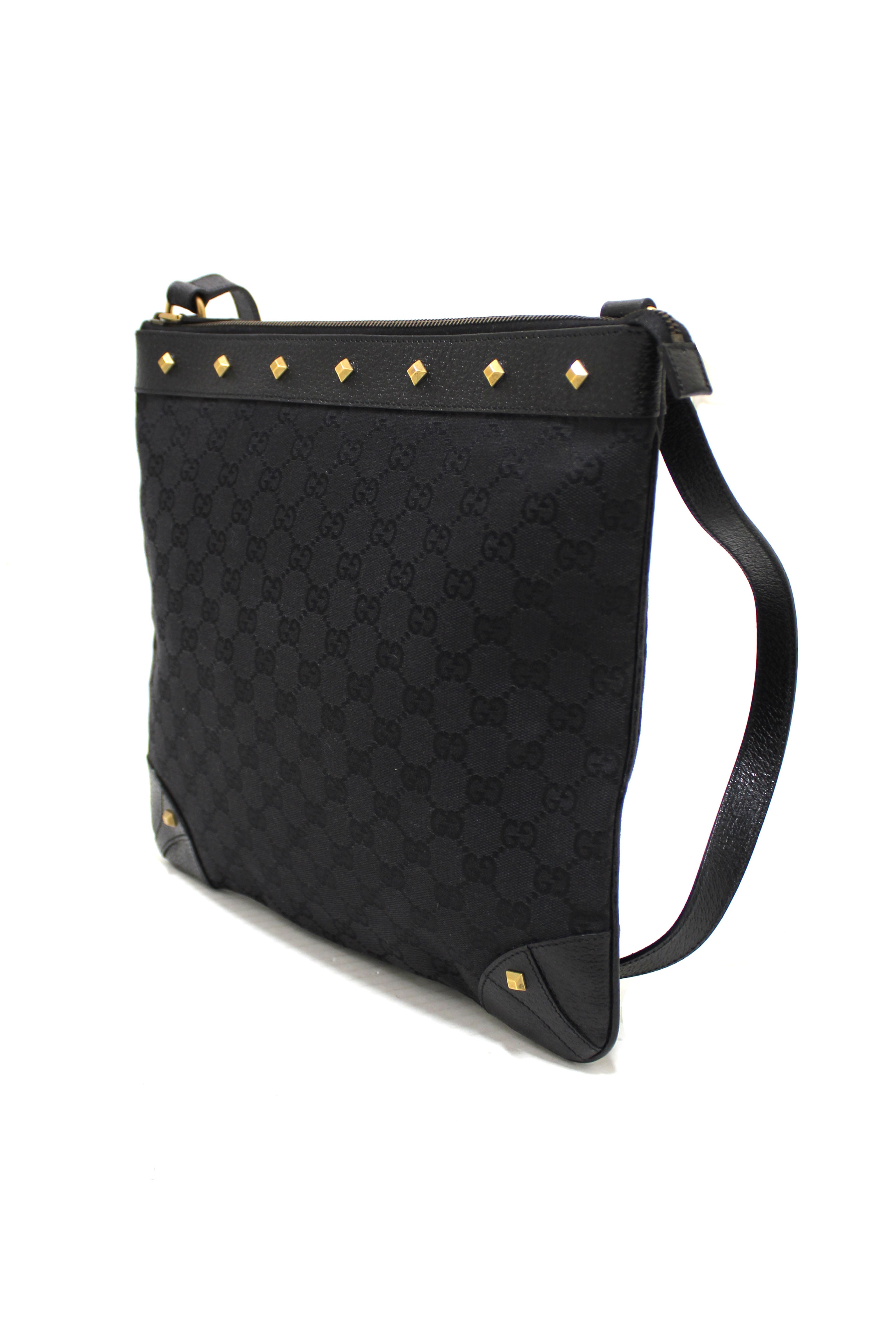 Authentic Gucci Black GG Monogram Coated Canvas Messenger Bag with Gold Rockstud Details - Perfect for Work, Travel & Luxury Fashion Accessories