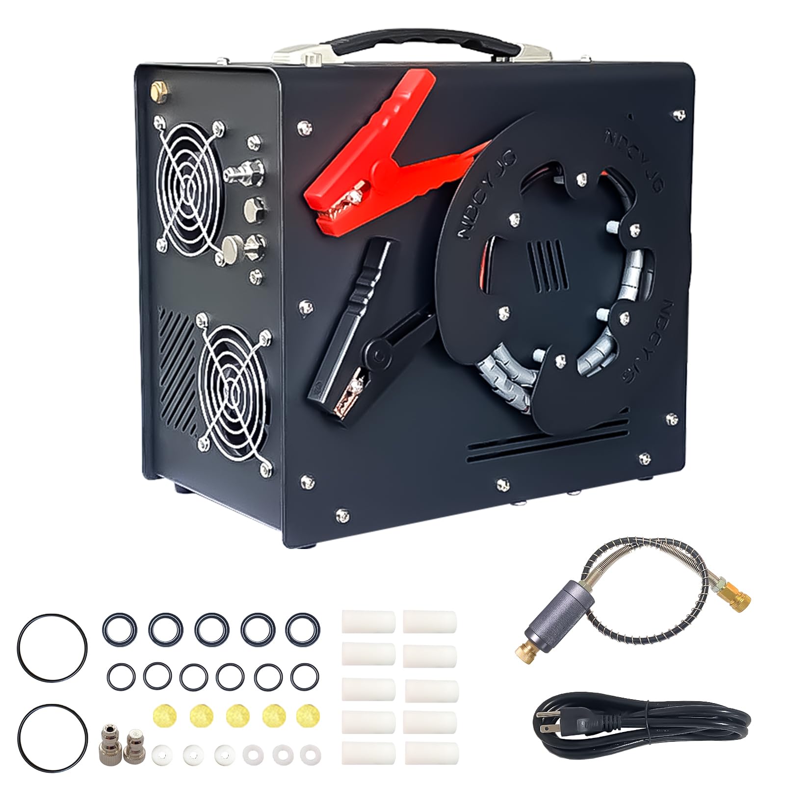 **Portable PCP Air Compressor with Built-in Converter & Water-Oil Filter - Auto Stop, Oil/Water-Free, Vertical & Wire Spool Design - 12V DC (Car) & 110V AC (Home) Power - Ideal for Paintball, Scuba Tanks & Inflating Sports Equipment**