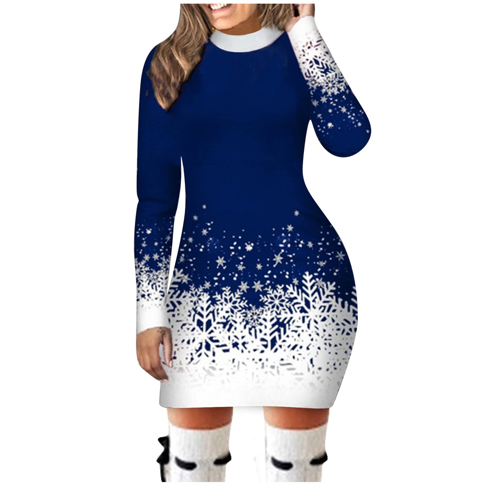 Christmas Snowflake Print Round Neck Long Sleeve Party Dress for Women - Casual Spring Outfit for Holiday Gatherings, Office Parties & Festive Celebrations