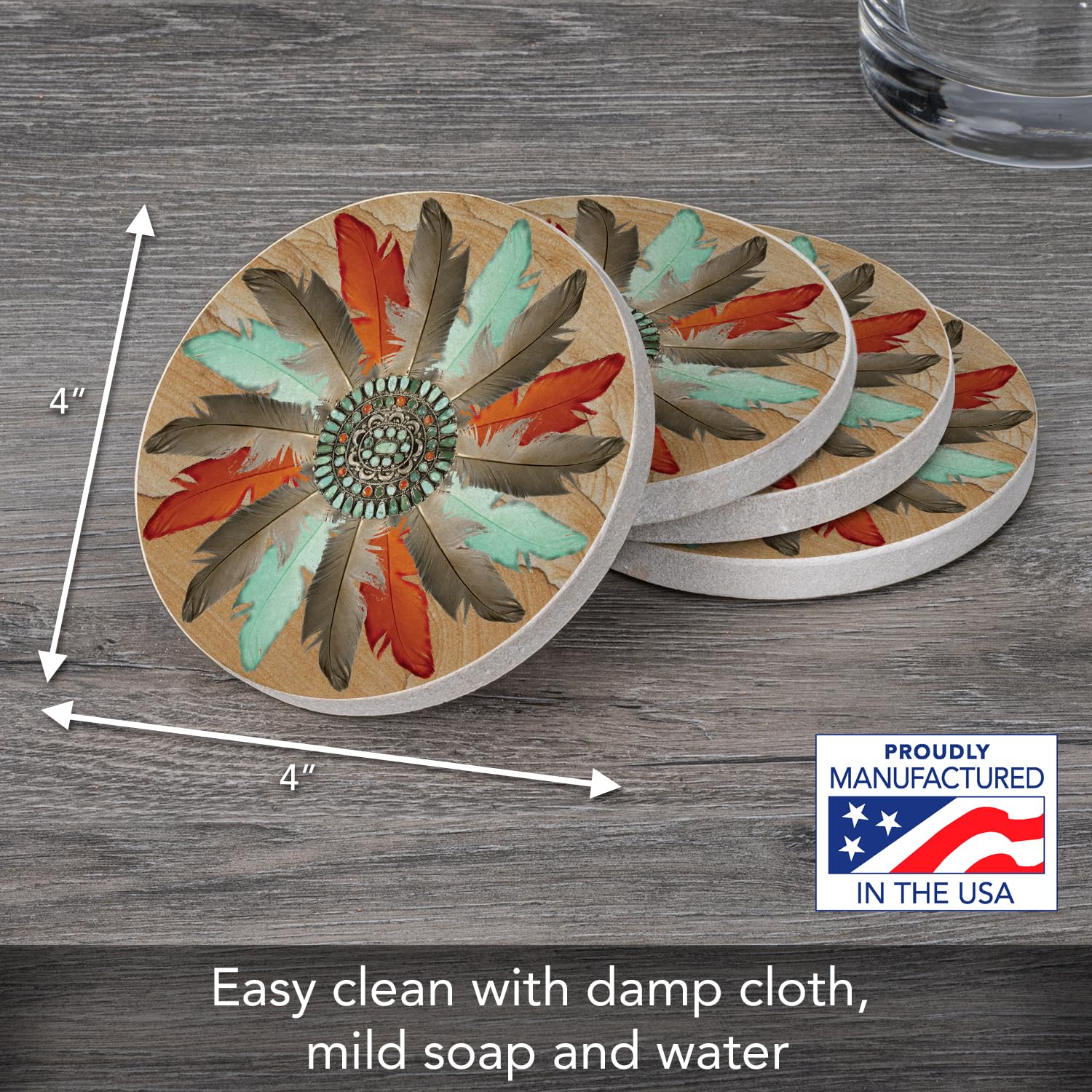 Thirstystone Feather Medallion Natural Sandstone Coaster Set of 4 - Eco-Friendly, Absorbent, Quick-Dry, Reusable Drink Coasters for Home, Bar, Office & Outdoor Use