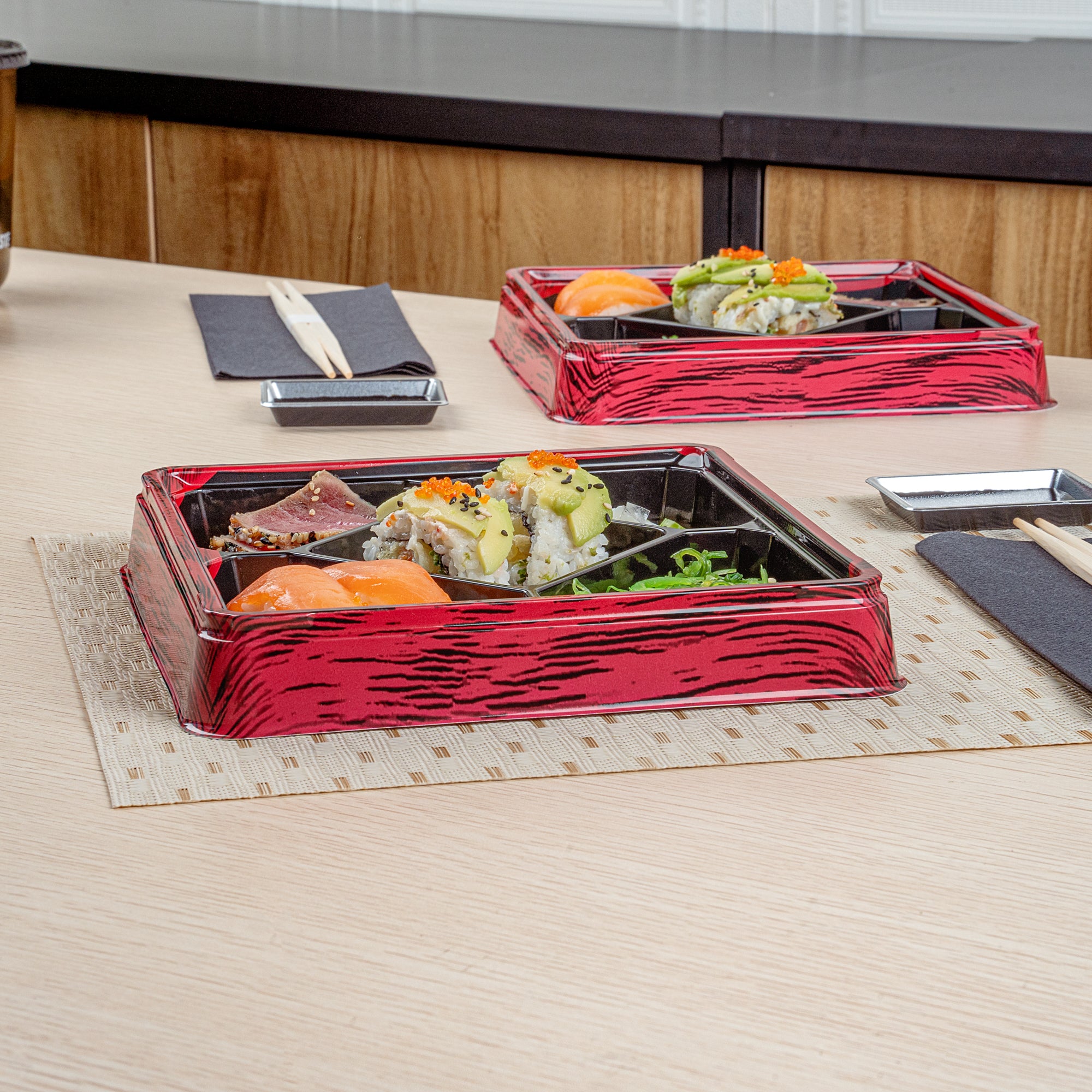 Bento Tek 19 oz Square Red and Black Plastic Bento Box with 5 Compartments | 8.5