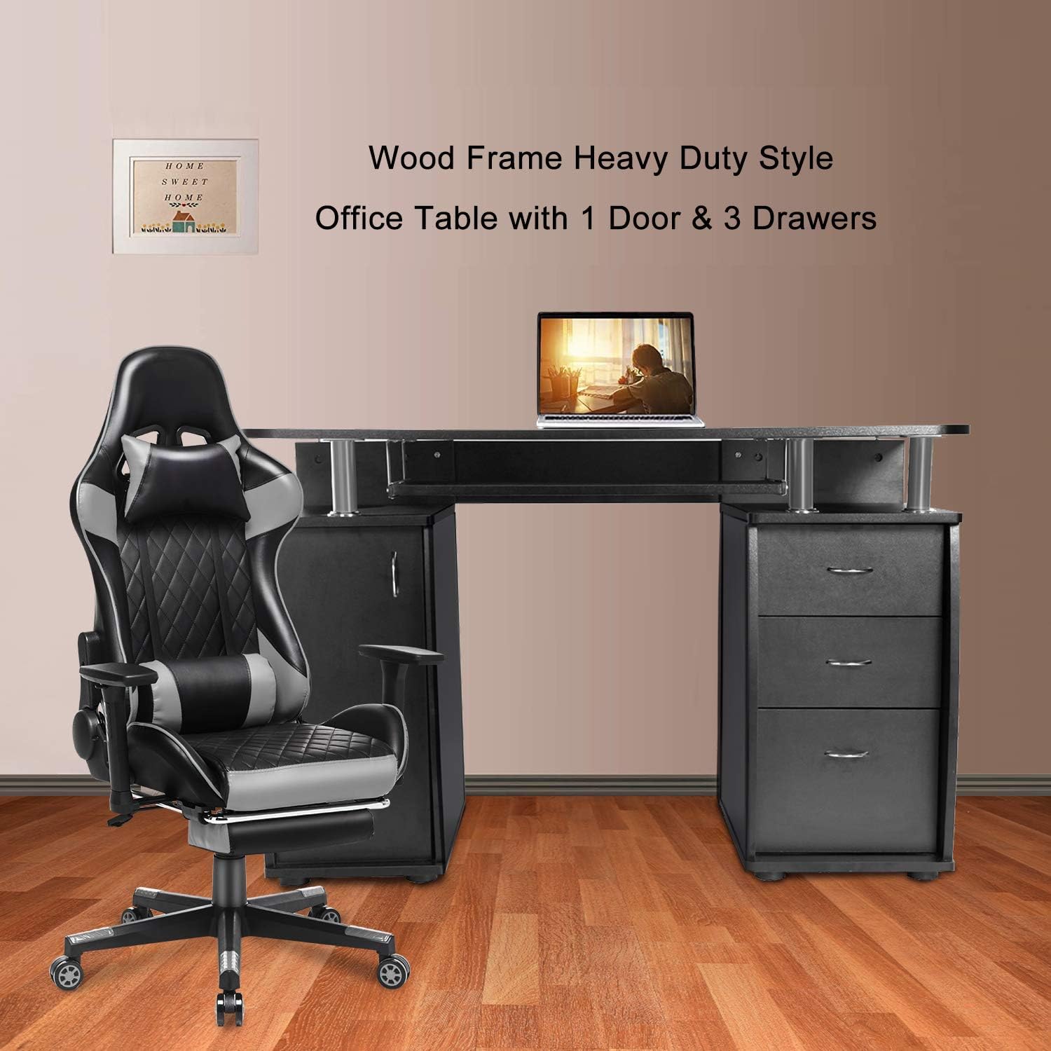 Sturdy Black MDF Computer Desk with Storage - Home Office Workstation for Study, Writing & Work - Perfect for Small Spaces & Remote Work