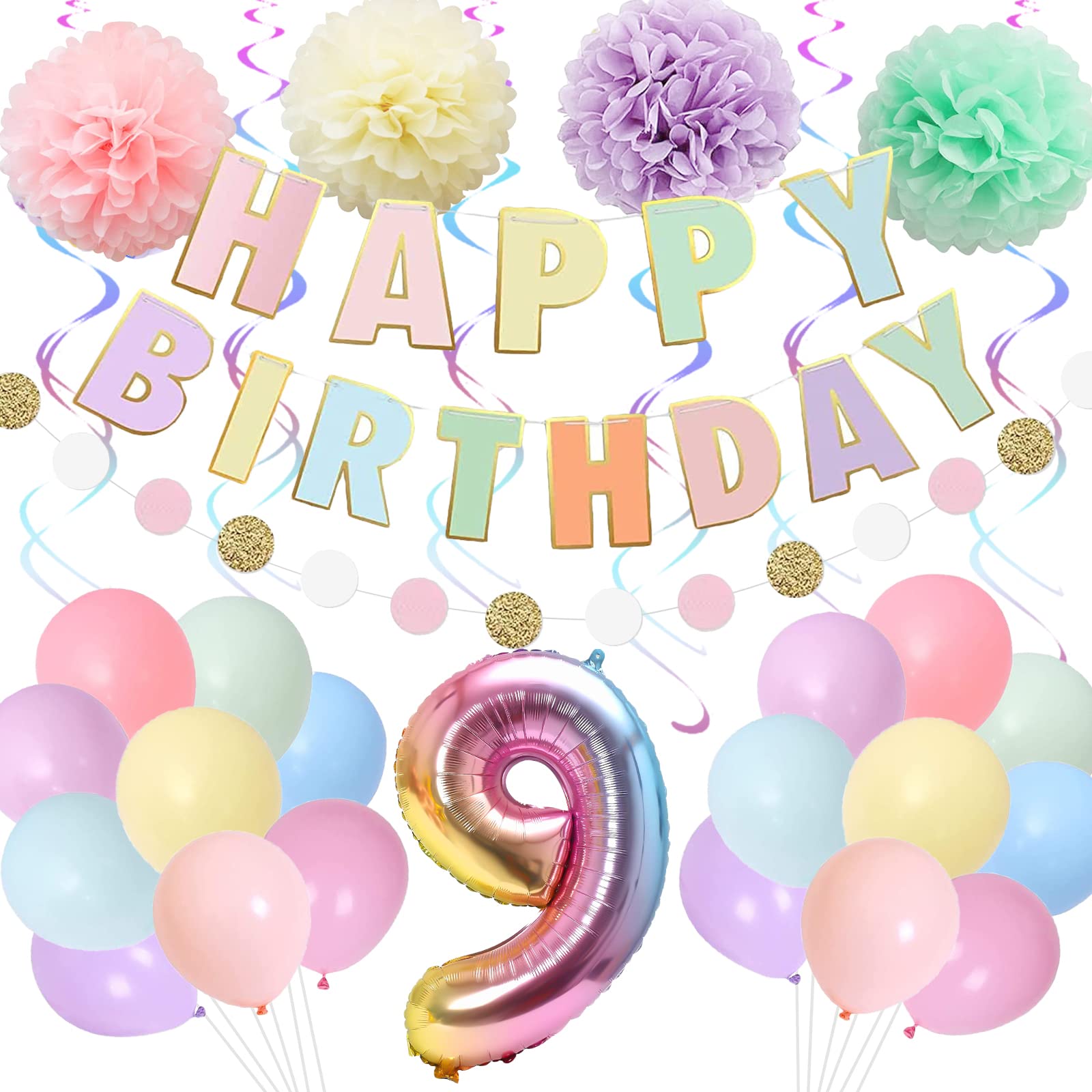 BRT Bearingshui 9th Birthday Party Decorations Set - 40 Inch Rainbow Gradient Number 9 Balloon, Happy Birthday Banner & Party Supplies for Boys & Girls | Perfect for Kids' 9th Birthday Celebrations, Classroom Parties & Family Gatherings