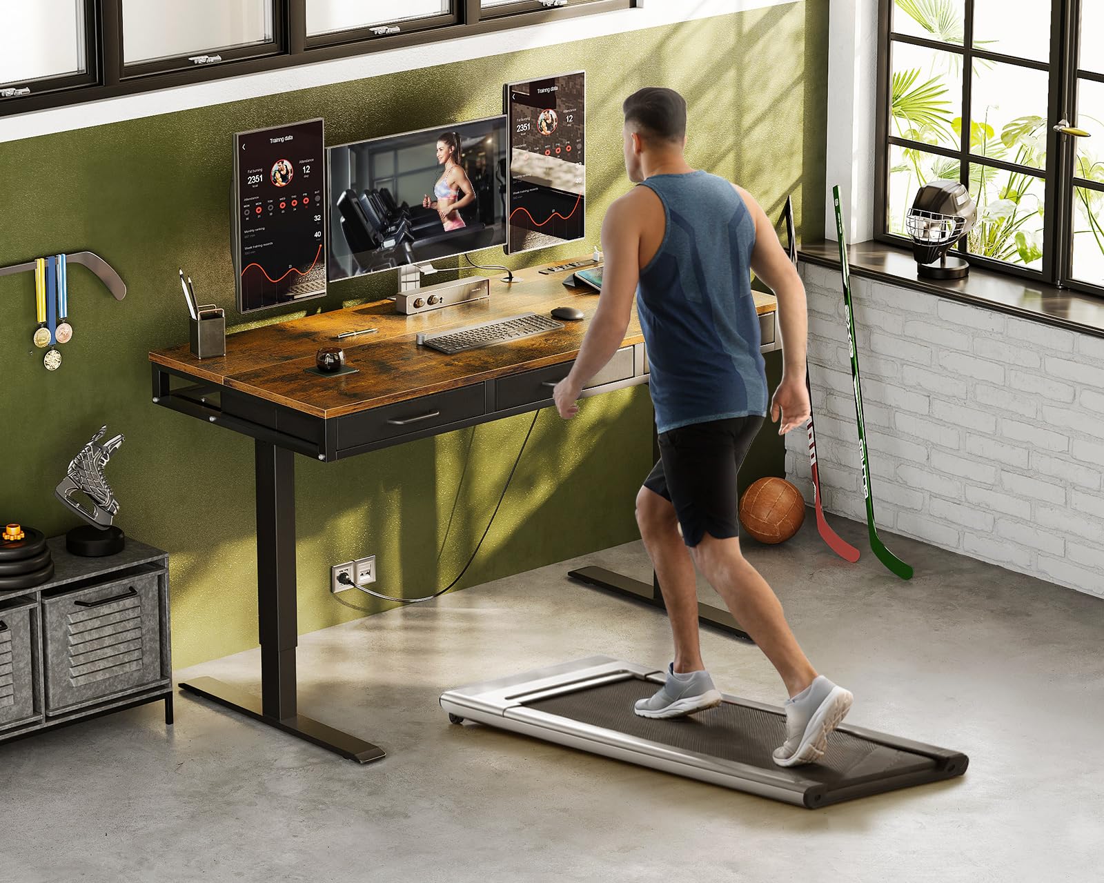 AODK 55 Inch Electric Height Adjustable Standing Desk with Drawers & Power Outlets - Sit Stand Computer Desk for Home Office, Ergonomic Workstation (Rustic Brown) - Perfect for Remote Work, Gaming & Study Spaces