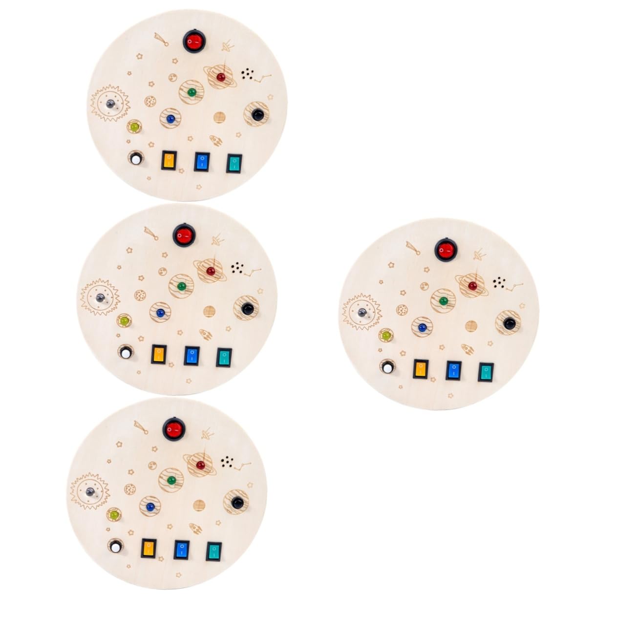 TOYANDONA 4pcs LED Light Busy Board Sensory Toy - Montessori Early Learning Wooden Activity Board for Toddlers, Space Themed Bath Toys for Kids - Perfect for Sensory Play, Autism Therapy & Baby Development