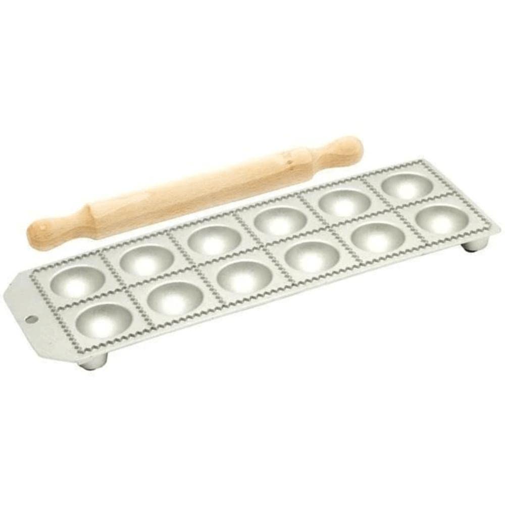 Eppicotispai 12-Hole Aluminum Round Ravioli Maker with Rolling Pin - Professional Pasta Dough Press for Homemade Italian Dumplings - Perfect for Kitchen, Restaurants, and Cooking Enthusiasts