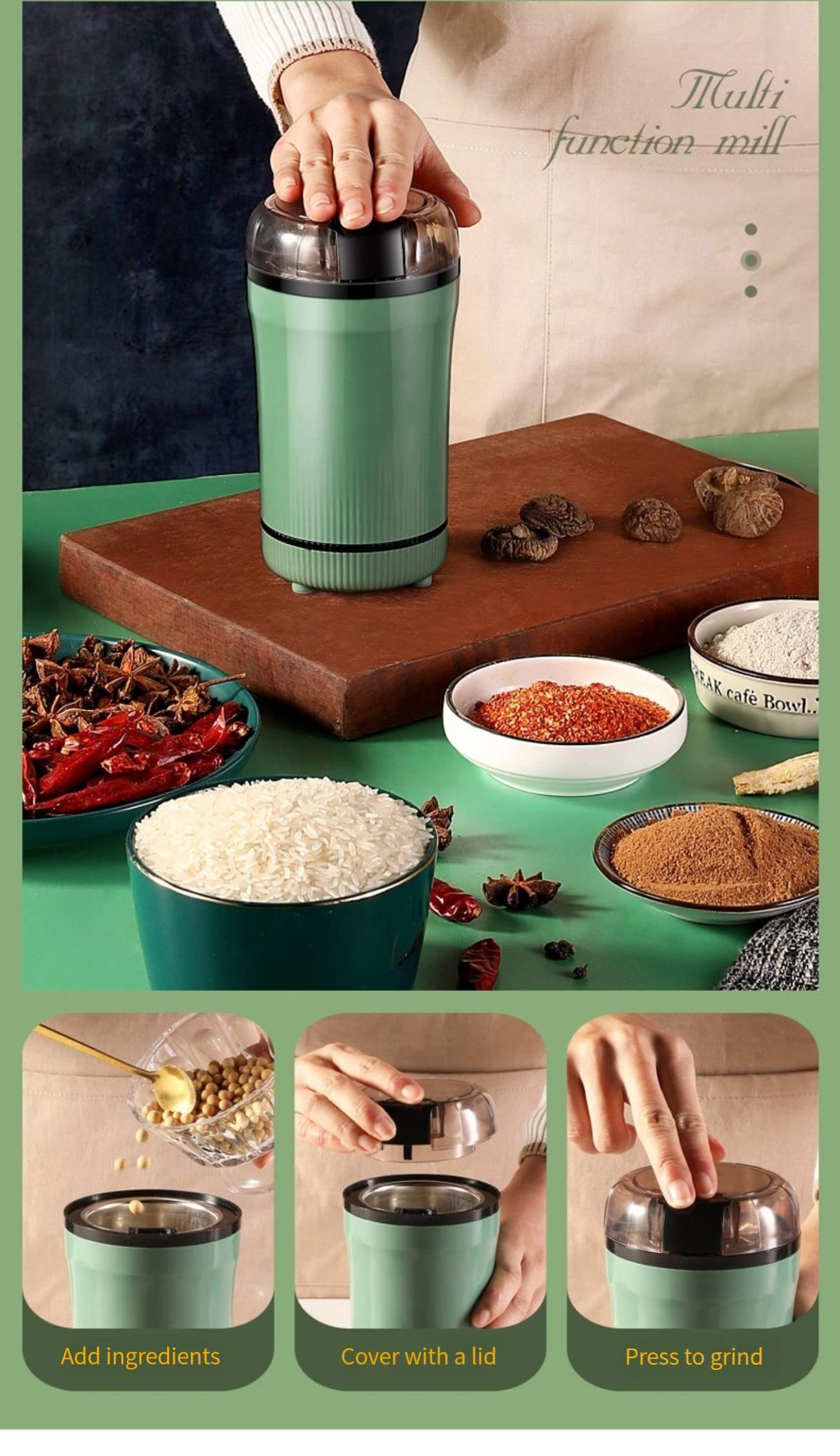 Electric Coffee Grinder & Spice Mill - Portable Grain Grinder with Stainless Steel Blades for Coffee Beans, Pepper, Nuts & More - Perfect for Home Kitchen & Camping Use (White)