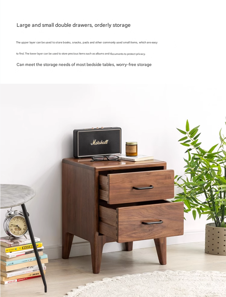 Premium Black Walnut Solid Wood Modern Nightstand - Stylish Bedside Table with Drawer for Bedroom, Living Room & Guest Room