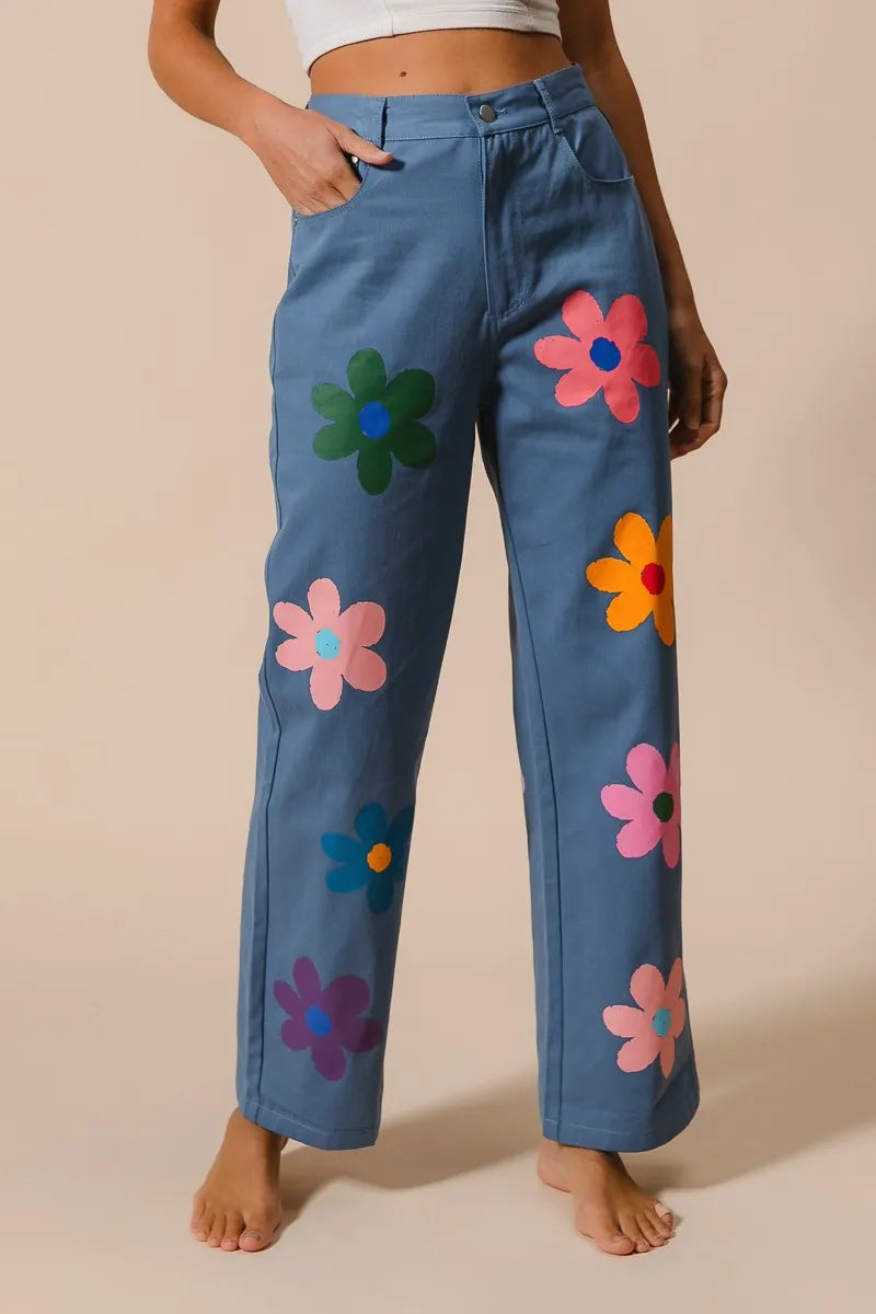 BiBi Floral Print Straight Leg Pants for Women - Casual & Comfortable Trousers for Everyday Wear, Office, and Outings