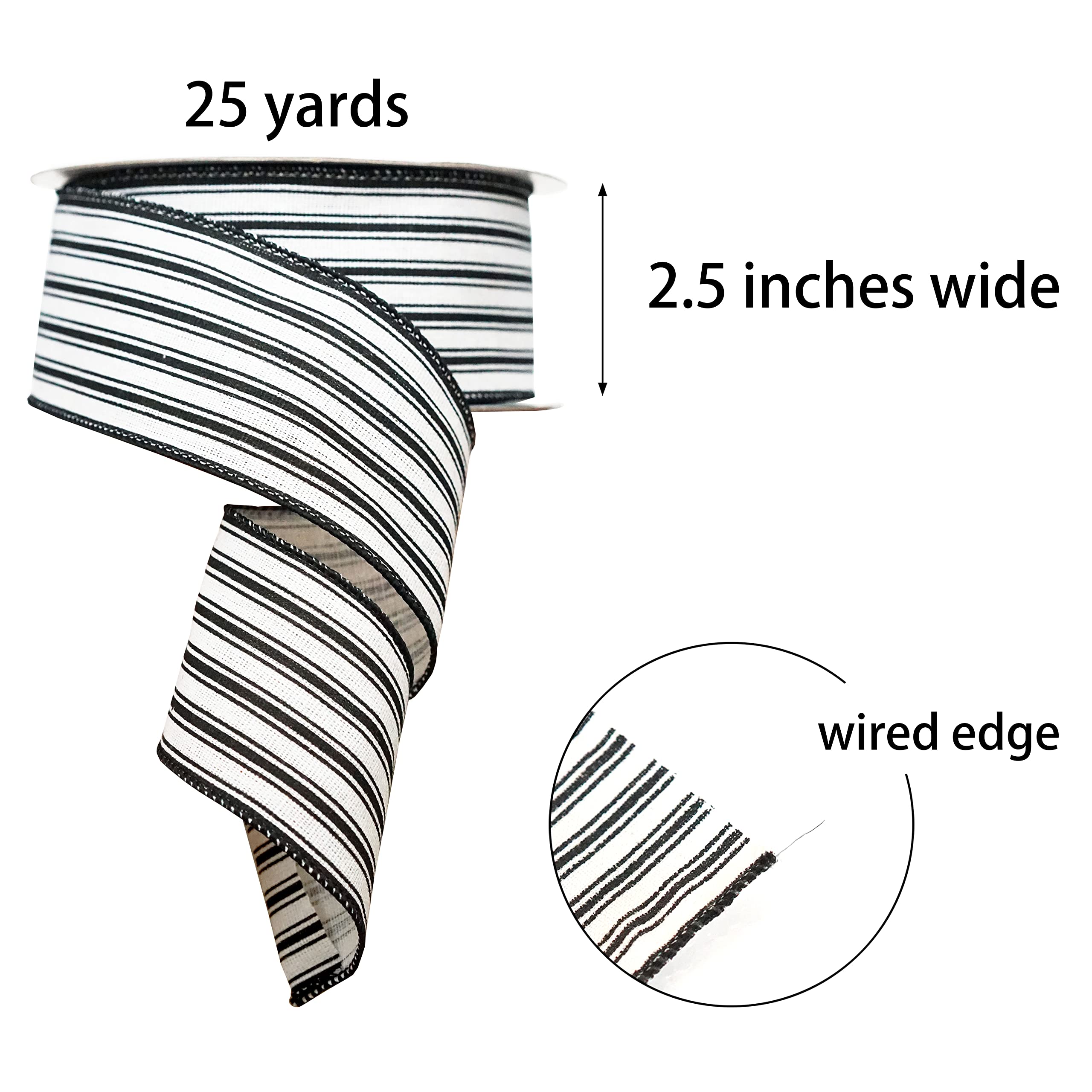 Black & White Striped Wired Ribbon - 2.5