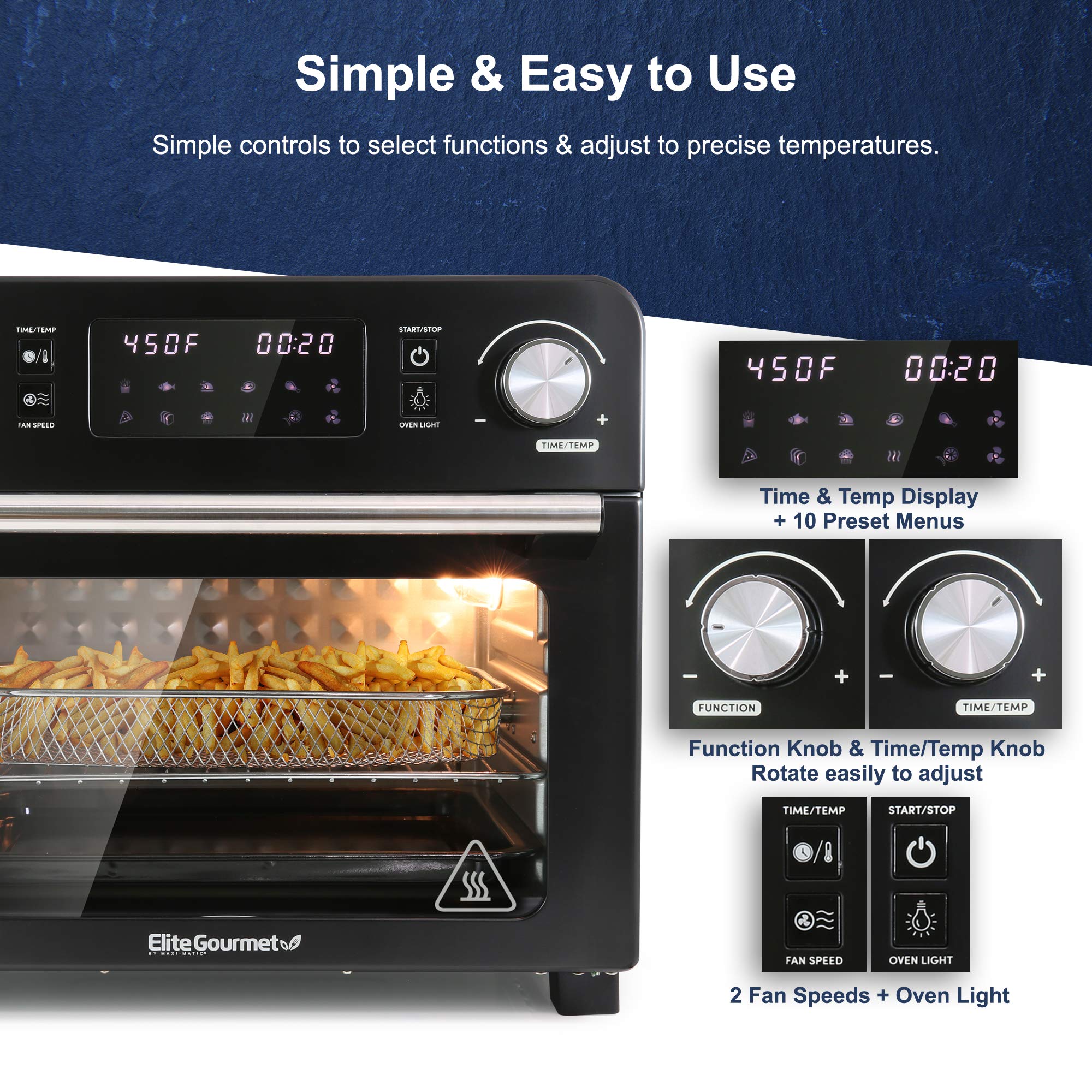 Elite Gourmet EAF9310 24.5 Quart Digital Air Fryer Oven - Oil-Free Convection Cooker for Healthy Frying, Baking, Roasting & Grilling - Large Capacity Fits 12