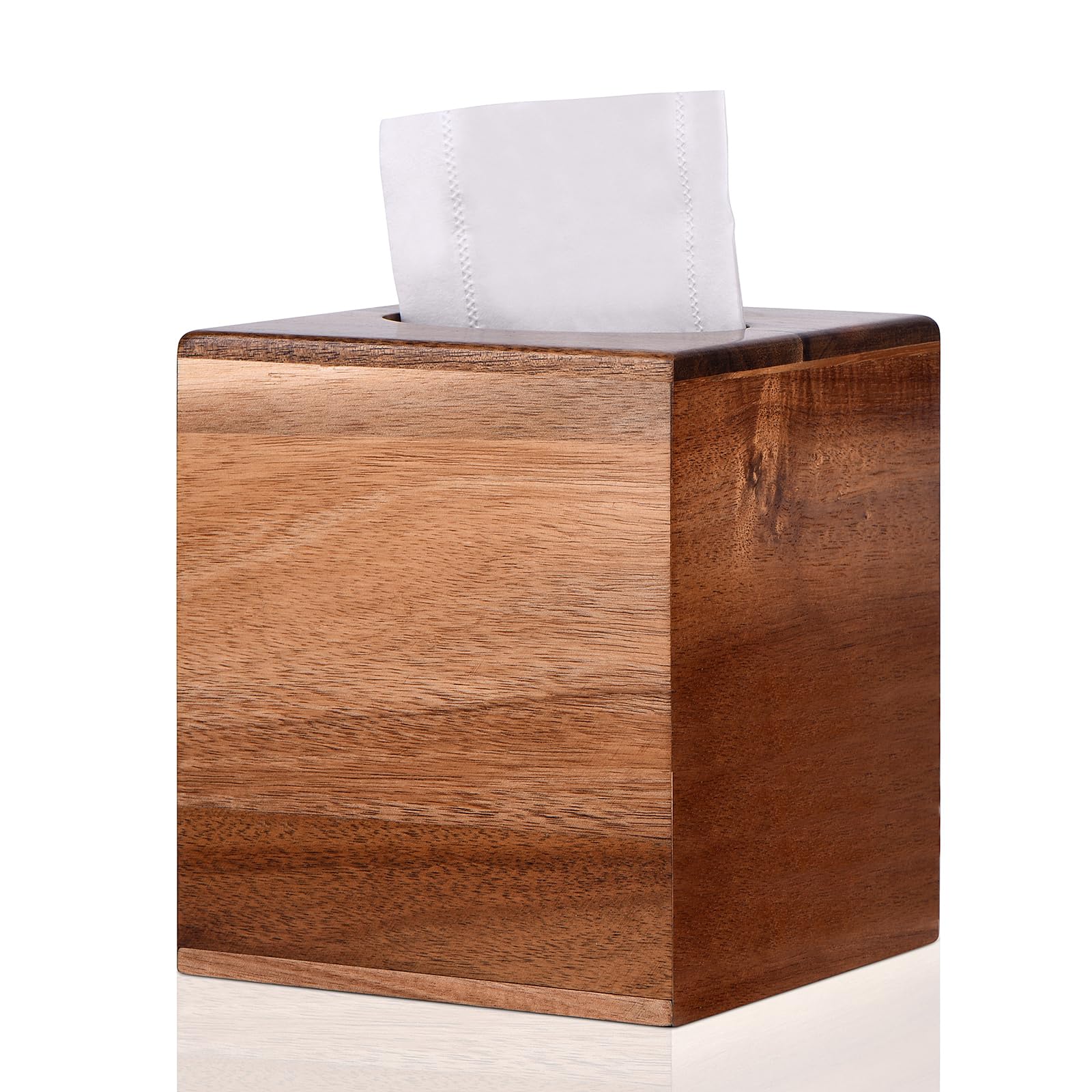 Acacia Wood Tissue Box Cover with Slide-Out Bottom - Square Wooden Tissue Holder for Bathroom, Bedroom, Office & Kitchen - Home & Dining Table Decor