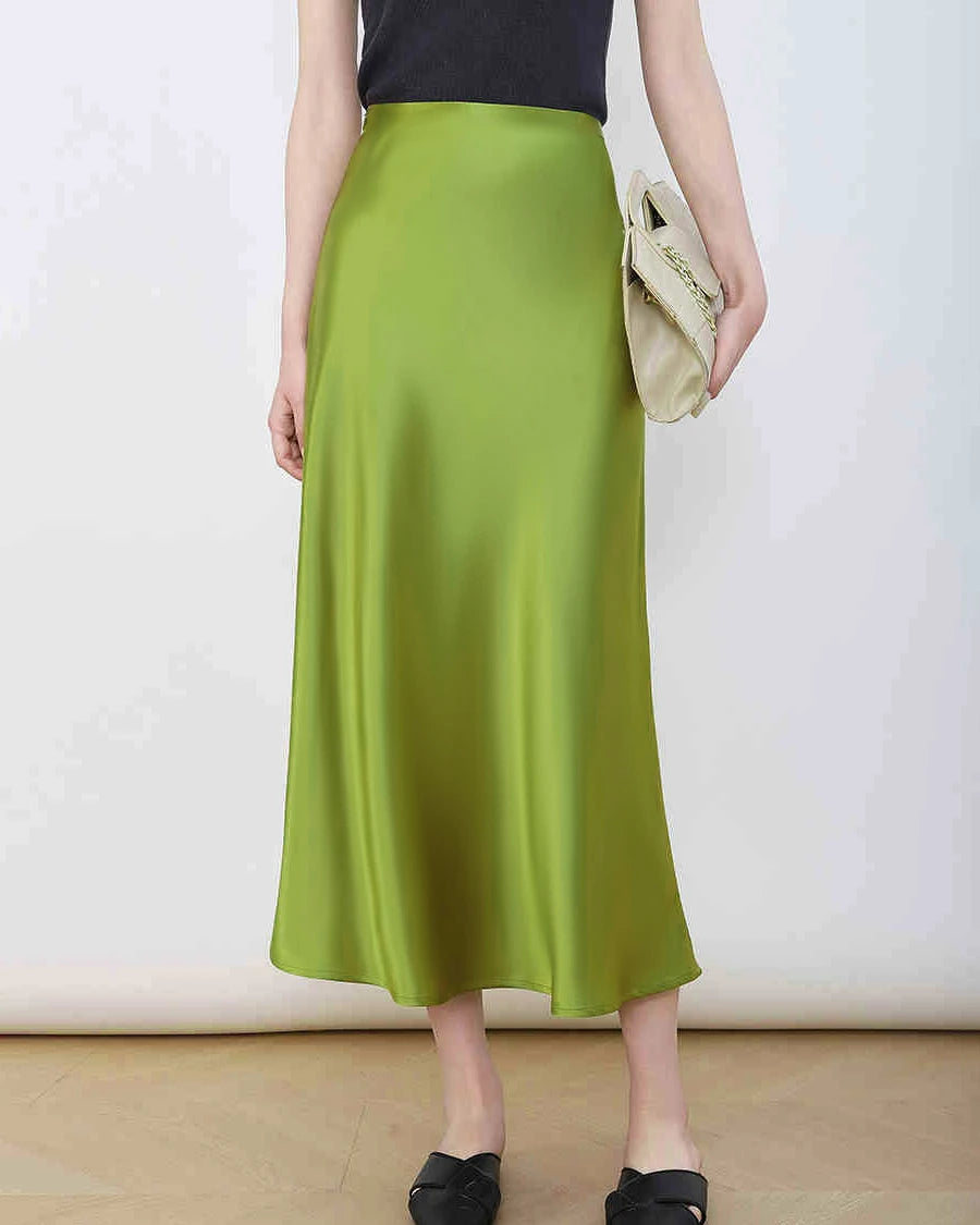 Elegant Silk Midi Skirts for Women - Stretchy Elastic Waistband, Flowy A-Line Design - Perfect for Office Wear, Date Nights & Special Occasions