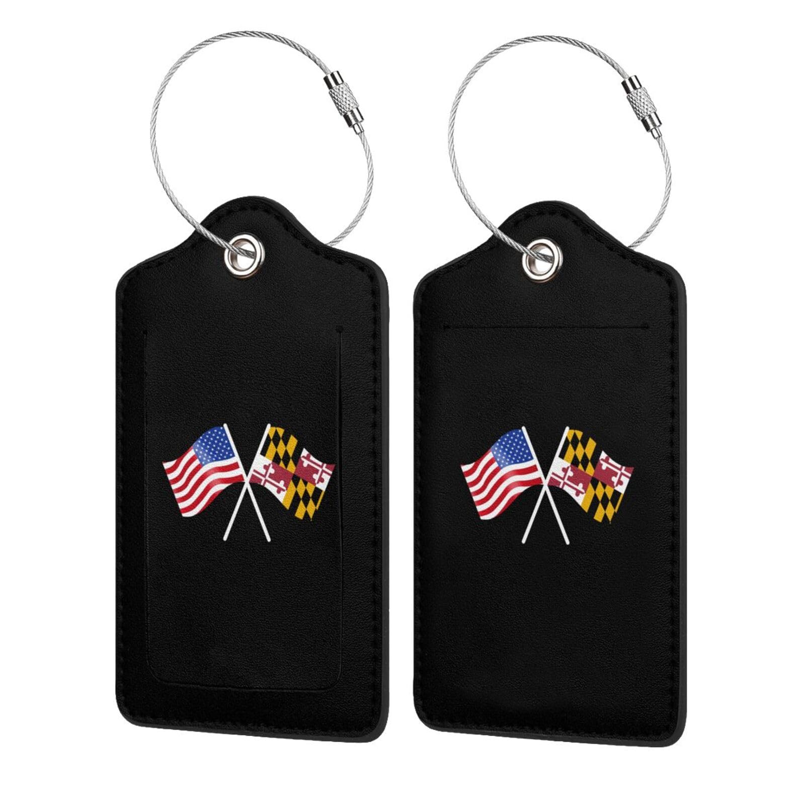 American & Maryland Flag Stainless Steel Ring Leather Luggage Tags - 4 Pack for Travel, Suitcases & Backpacks - Durable ID Tags for Airports & Business Trips