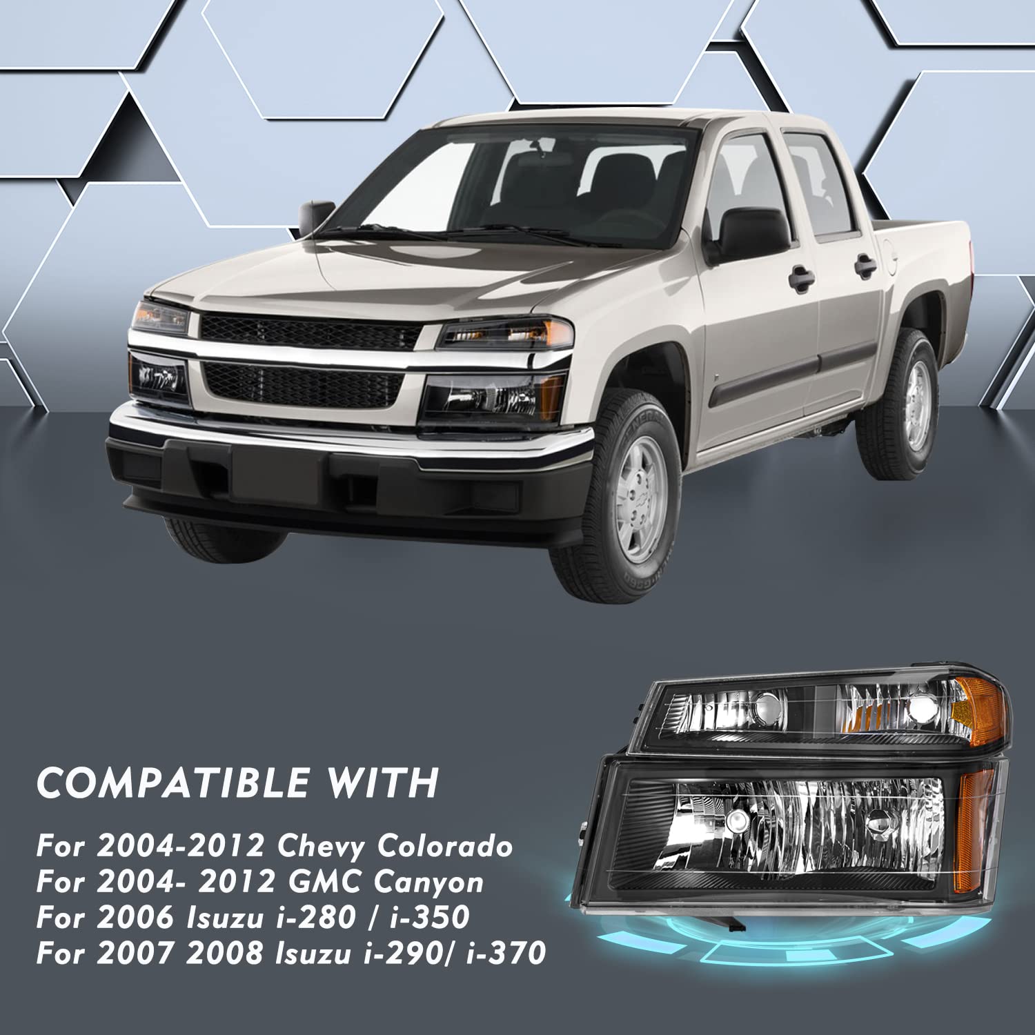 4PCS Headlight Assembly Replacement Kit for 2004-2012 Chevy Colorado/GMC Canyon & 2006-2008 Isuzu I-Series - Includes Bumper Lights & Bulbs (Driver & Passenger Side) - Perfect for Night Driving & Off-Road Adventures