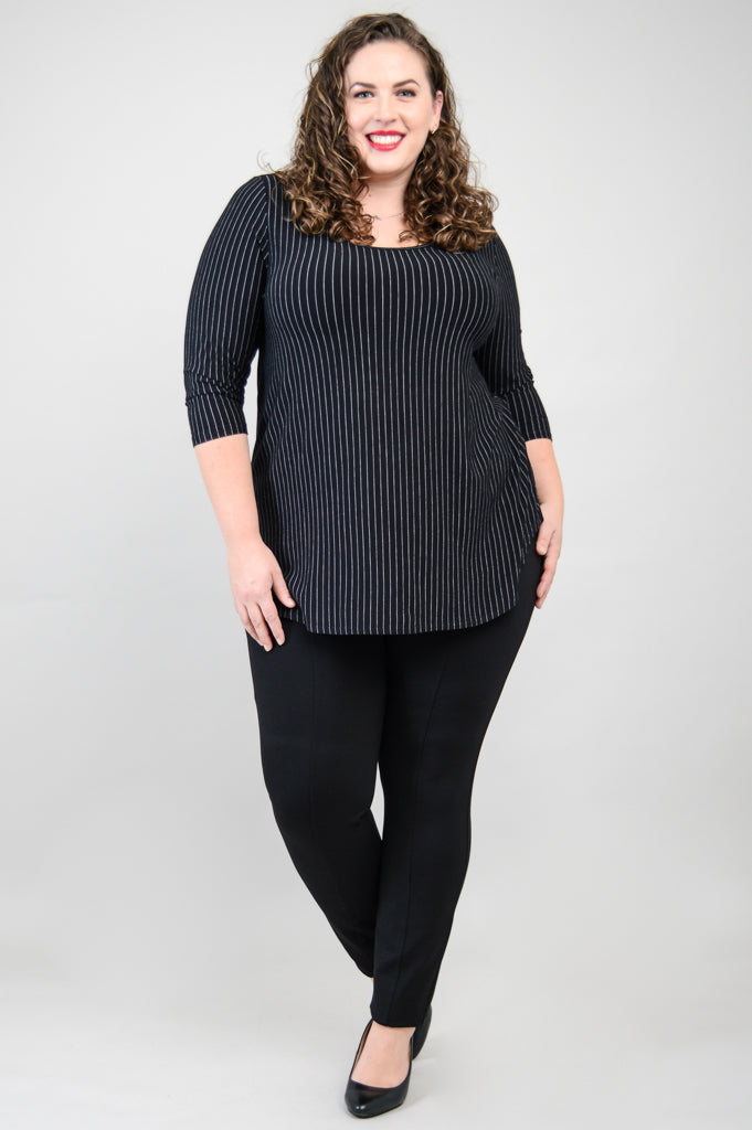Jazz 3/4 Sleeve Top - Black & White Pin Stripe Bamboo Fabric Women's Blouse for Casual Wear & Office Outfits