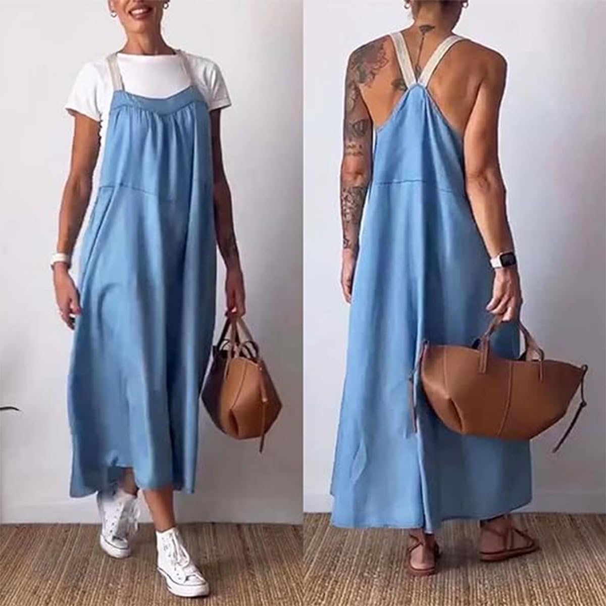 Women's Cotton Linen Sling Dress - Sleeveless Plus Size Summer Sundress with Pockets | Casual Beach Wear, Vacation Outfit & Boho Chic Dress for Women