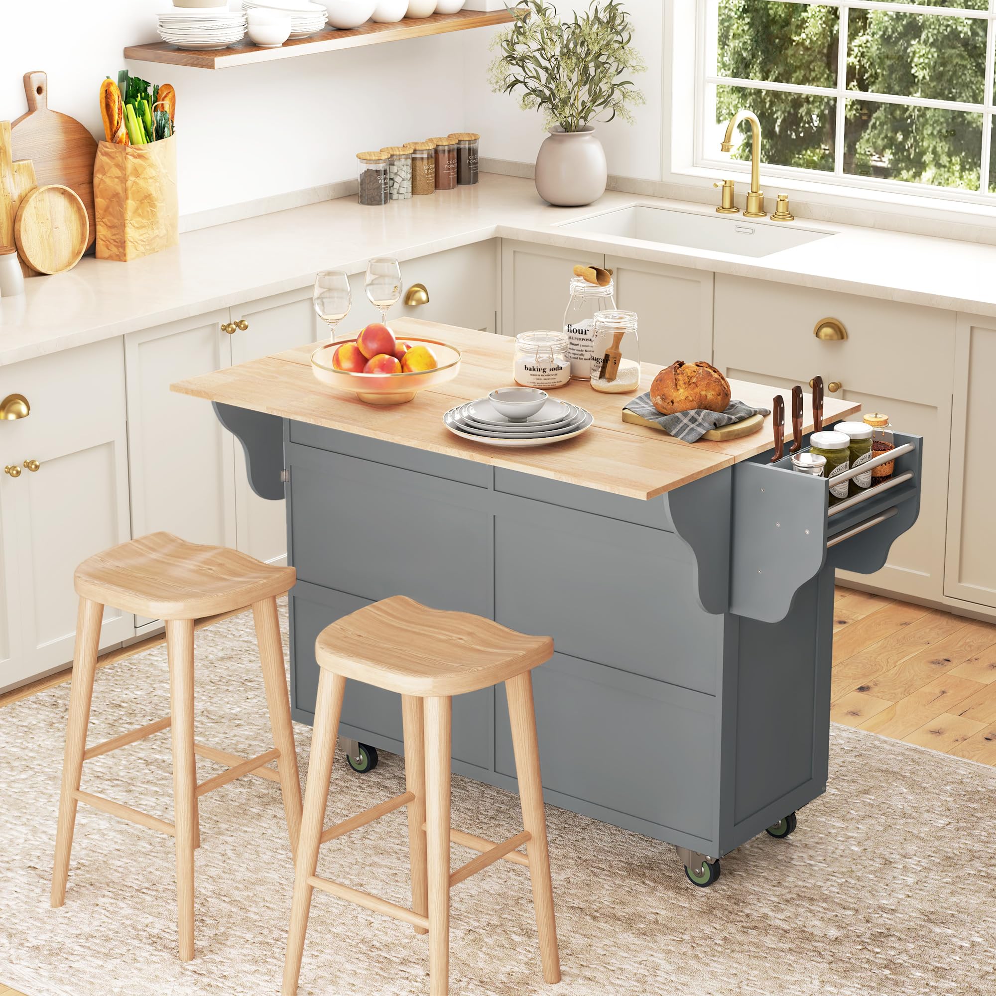 HOMCOM Rolling Kitchen Island Cart with Drop Leaf - Mobile Kitchen Cart with Rubber Wood Top, 2 Drawers & 2 Storage Cabinets - Versatile Island Table for Small Kitchen, Dining Room & Apartment - Space-Saving Dark Gray Kitchen Organizer for Cooking, Baking & Entertaining