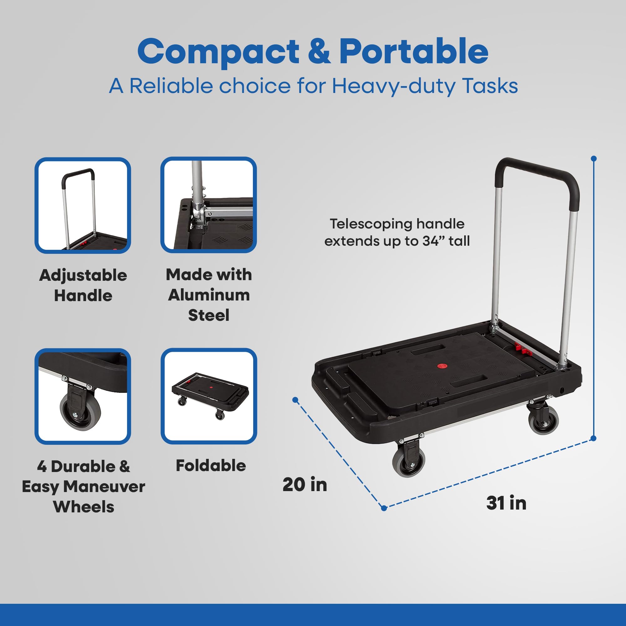 Magna Cart Foldable Dolly Cart - Heavy Duty Platform Hand Truck with Wheels 500 lbs Capacity - Perfect for Moving, Warehouse, Home & Office Use