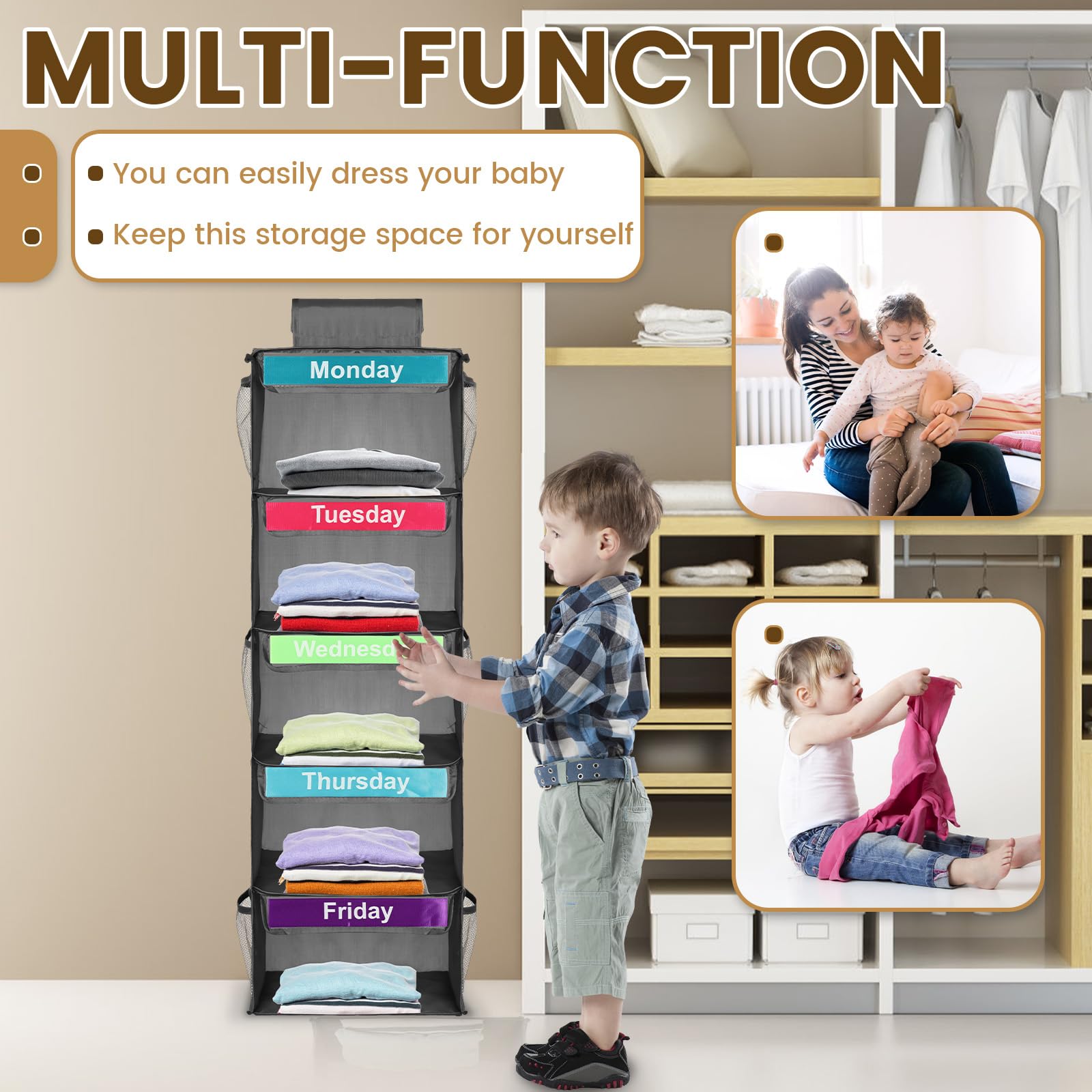Kids Weekly Clothes Organizer - 7-Day Over The Door Hanging Storage for Closet | Monday to Friday Children's Clothing Organizer for Shirts, Hats & Accessories (Grey) | Perfect for School Outfits & Daily Wardrobe Planning