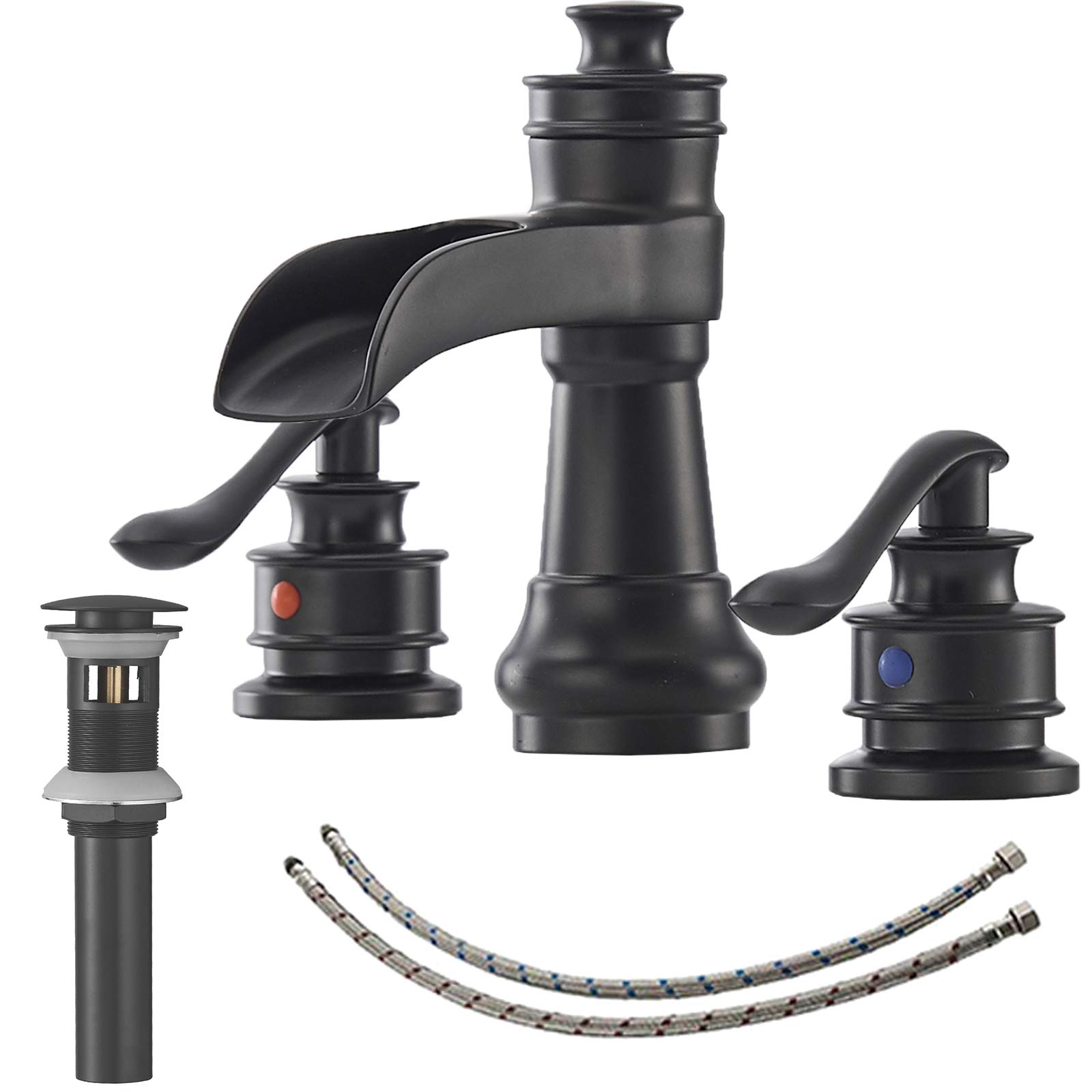 BATHLAVISH Matte Black Widespread Bathroom Faucet Set - 3 Hole 2 Handle Waterfall Farmhouse Sink Faucet with Pop Up Drain Assembly | Modern Vanity Bathroom Upgrade for Home & Hotel Renovation