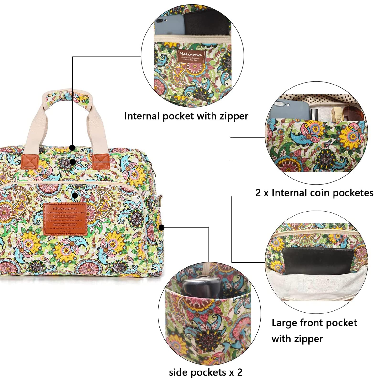 Malirona Canvas Weekender Bag for Women - Floral Print Overnight Travel Duffel Carry On Bag | Perfect for Weekend Getaways, Business Trips & Gym Essentials