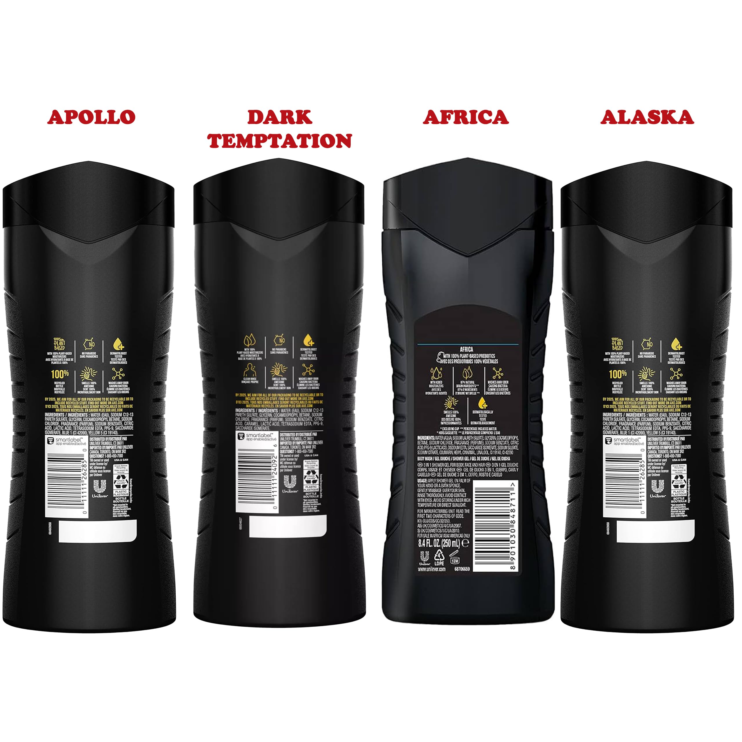 AXE Men's 3-in-1 Body Wash Variety Pack (4 x 13.5 Oz) - Shower Gel for Body, Face & Hair with Refreshing Scents - Perfect for Gym, Travel & Daily Shower Routine