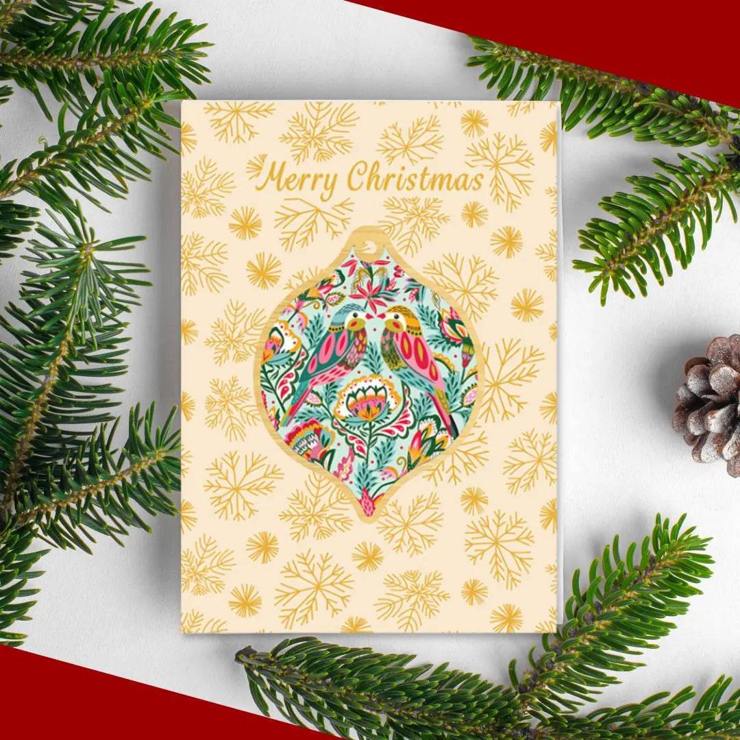 Handmade Bejewelled Birds Christmas Card & Bauble Set - Festive Holiday Greeting Card with Ornament for Xmas Tree Decor - Perfect for Holiday Gifting, Home Decor & Christmas Party Favors