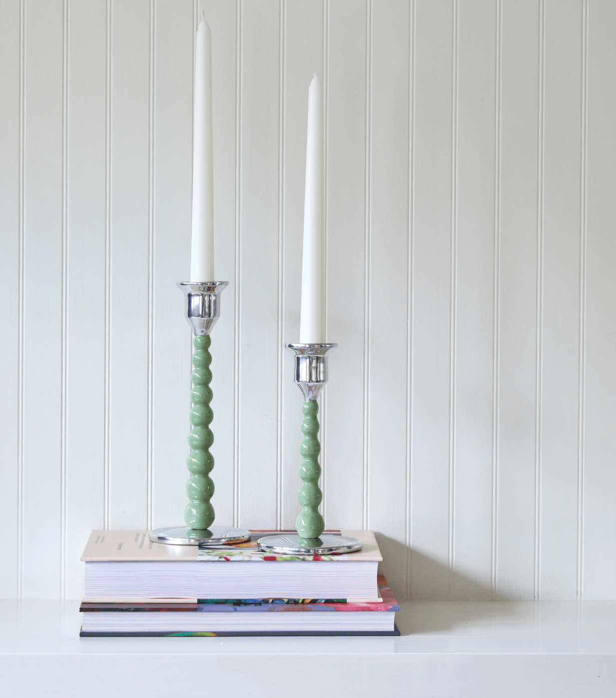 Elegant Green Pearled Small Candlestick Set - 6 Piece Decorative Candle Holders for Wedding, Dinner Party & Home Decor