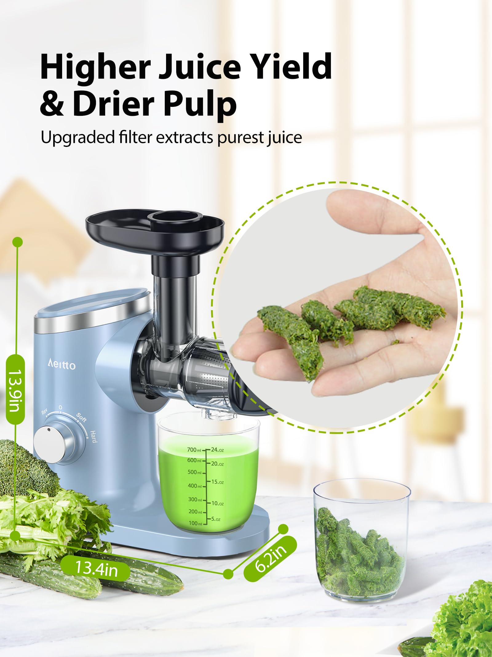 Aeitto Cold Press Juicer Machine - Triple Mode Masticating Juicer for Celery, Fruits & Vegetables - Quiet Motor with Reverse Function - Easy to Clean with Brush - Includes Recipe Book - Perfect for Healthy Juicing at Home, Gym or Office