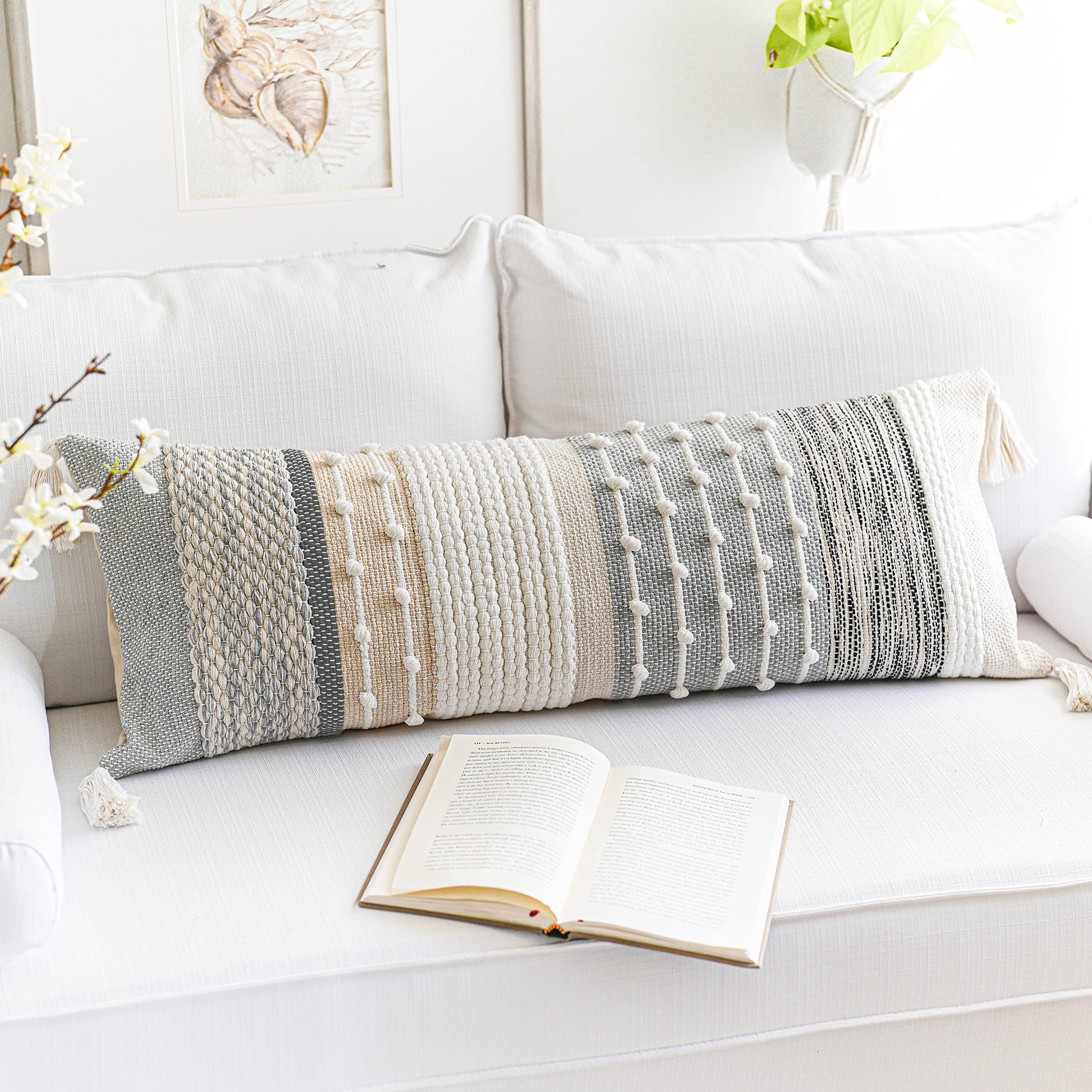 Gray Boho Lumbar Pillow Cover 14x36 - Modern Woven Textured Decorative Throw Pillow Case for Sofa, Bed & Couch - Bohemian Home Decor Accent for Living Room, Bedroom & Nursery