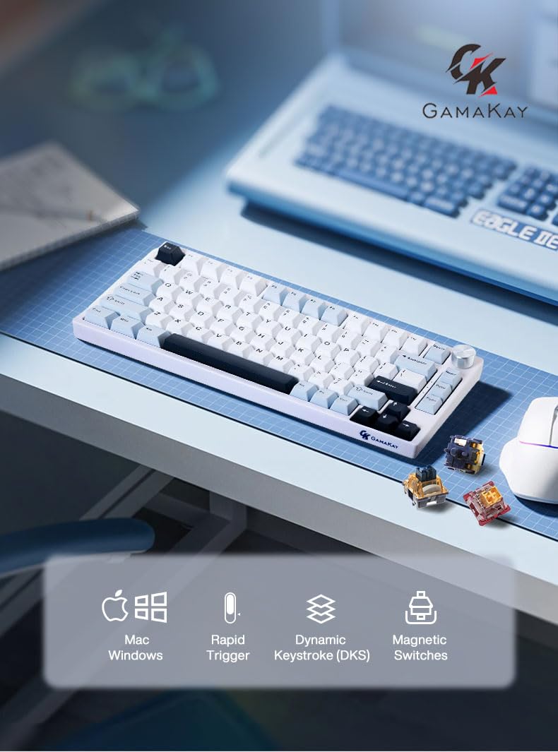 GK GAMAKAY TK75 HE Rapid Trigger Mechanical Keyboard - Hall Effect Magnetic Switches, Hot-Swappable, 81-Key PBT Keycaps, Bluetooth/2.4GHz/Wired 75% RGB Gaming Keyboard (White, Phoenix Switch) - Perfect for Esports, Competitive Gaming & Fast-Paced Typing