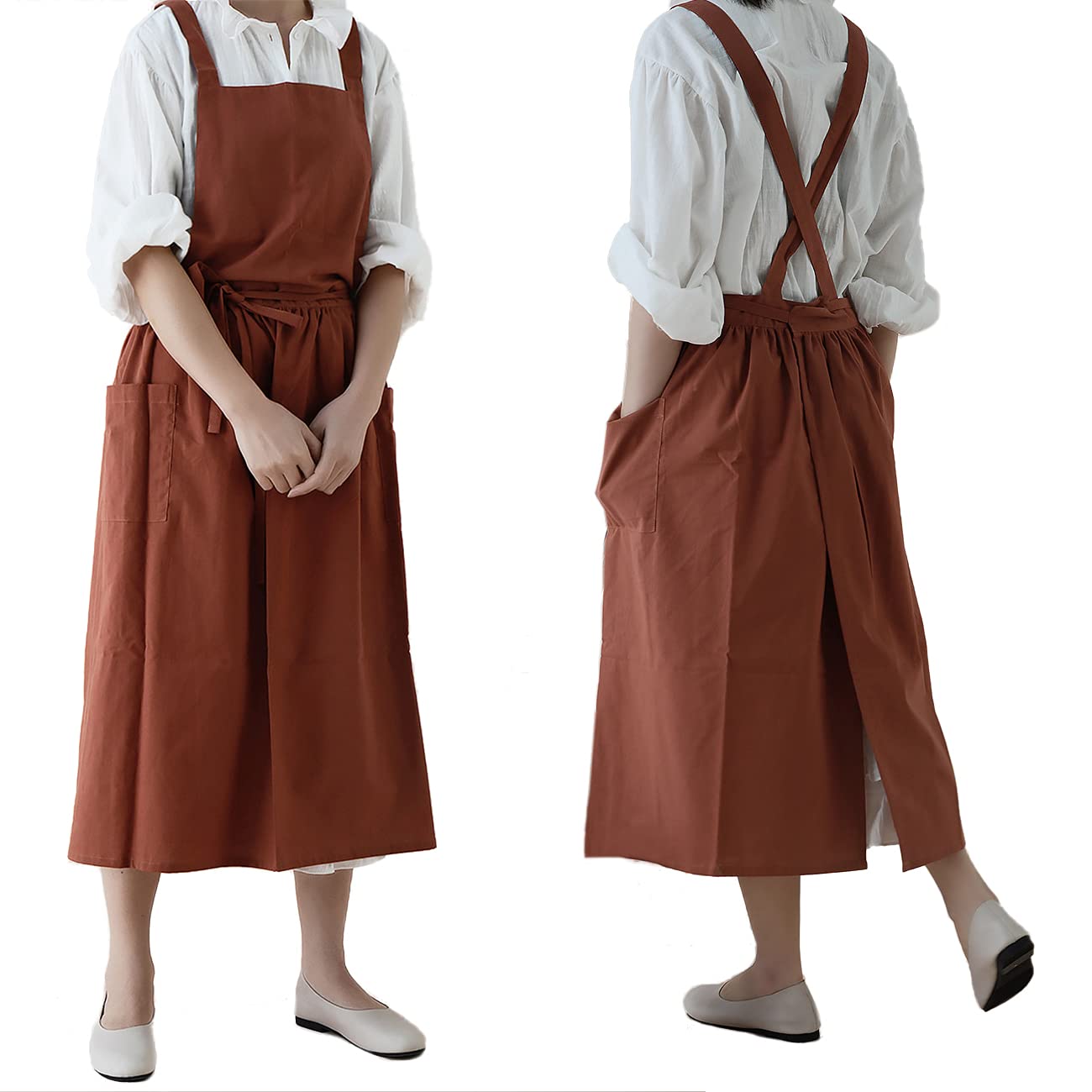 Waterproof Cotton Kitchen Apron for Women - Cooking, Baking, Gardening & Painting with Pockets - Durable Chef Pinafore Dress for Home, Restaurant & Outdoor Activities