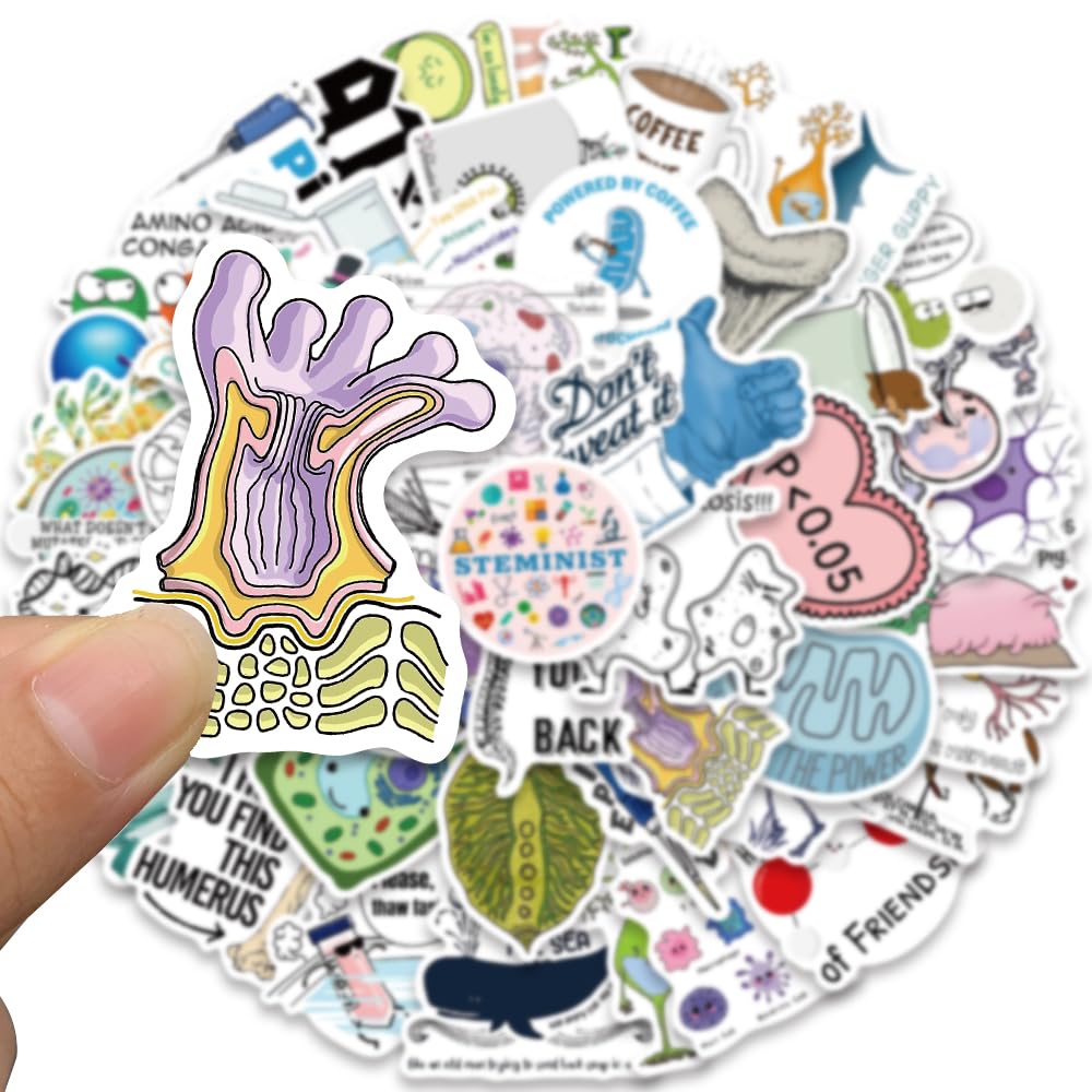 50Pcs Funny Biology Stickers for Adults & Kids - Waterproof Vinyl Science Stickers for Water Bottles, Laptops, Notebooks - Perfect for Teachers, Students, Classroom Decor & Science Enthusiasts - Great for School Projects, Lab Equipment & Science-Themed Gifts